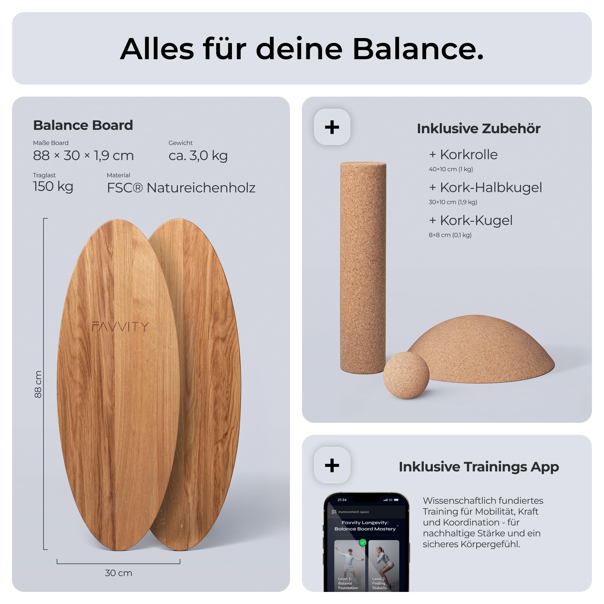Balance Board aus Eichenholz [Handgefertigt in Deutschland] FSC-zertifizierter Gleichgewichtstrainer mit Trainings-App | Waveboard Surf Balance Board Erwachsene & Kinder | Balanceboards - FAVVITY®
