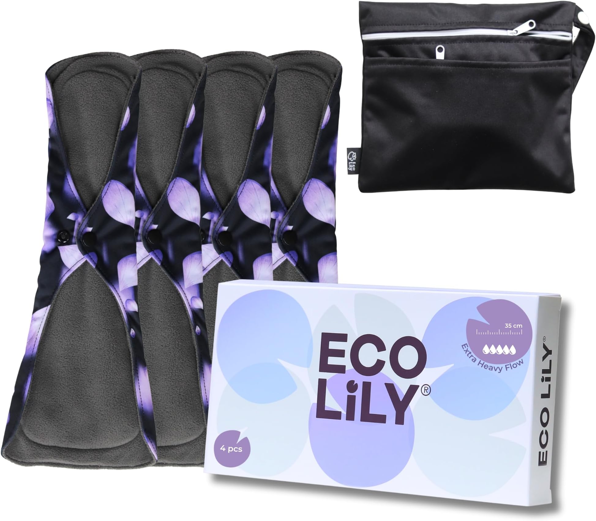 Reusable Sanitary Pads - Sanitary Towels - Period Pads Leakproof Odour-Absorbing Charcoal Bamboo Pads (4 Pk Extra Heavy Flow)