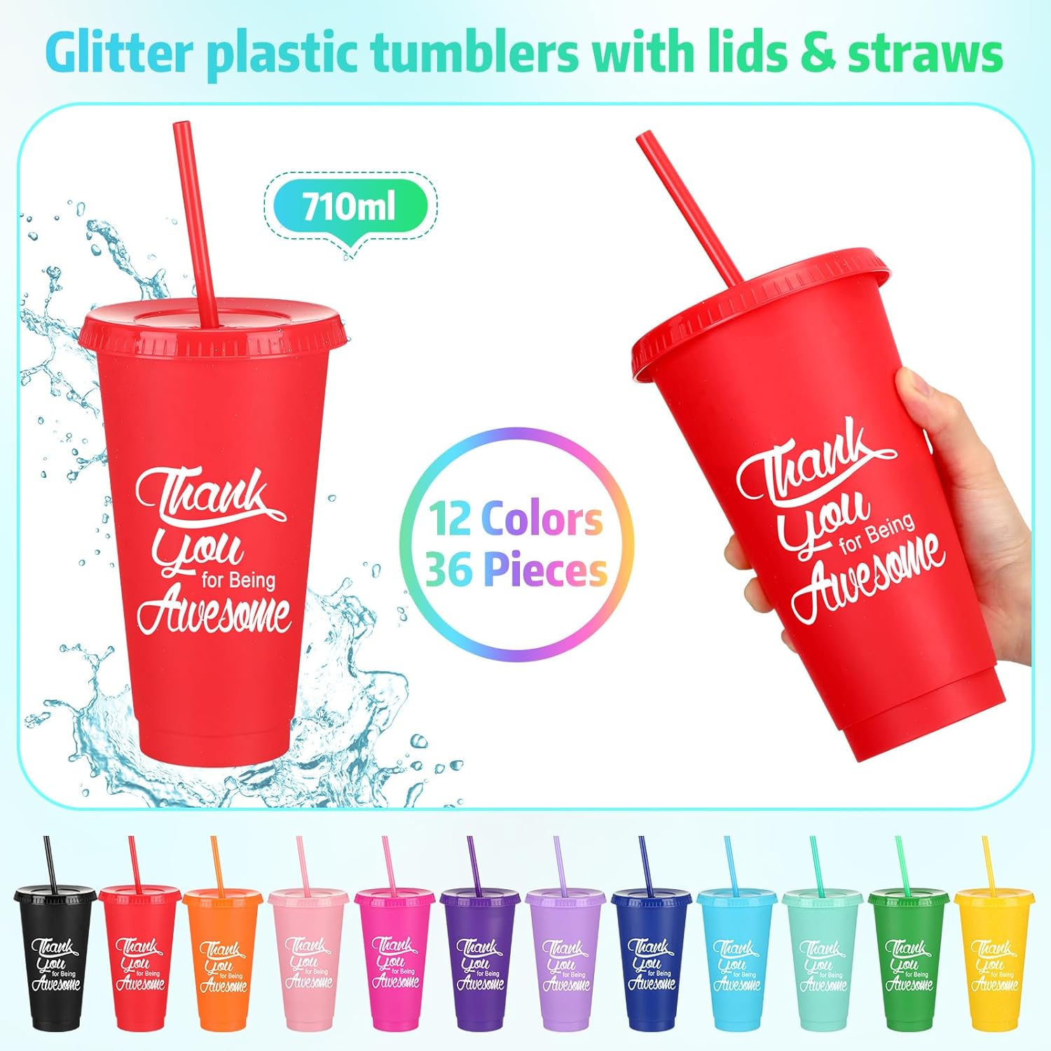 Sieral 36 Pcs Bulk Employee Appreciation Gifts Plastic Tumbler with Lid and Straw 24 oz Thank You Cups Reusable Travel Mug Inspirational Gifts for Coworker Teacher Staff Volunteer (Awesome) - Image 2