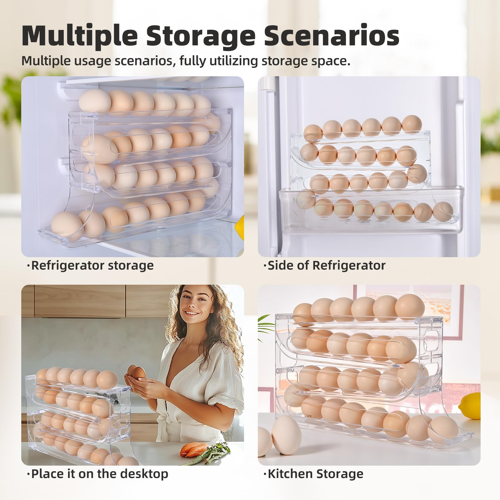 Soporte para huevos de 4 niveles para nevera, soporte para huevos de desplazamiento automático, organizador de huevos de gran capacidad, almacenamiento de 30 huevos para nevera, transparente