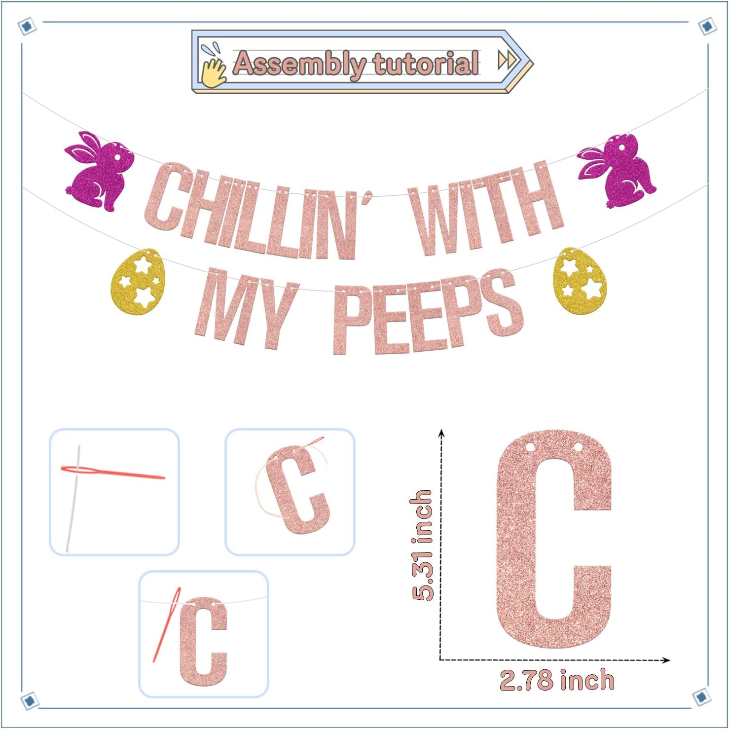 Chillin' with my Peeps Banner,Happy Easter Banner,Easter Bunny Happy Easter Egg Party Decorations,Cute Rabbit Spring Holiday Party Supplies Rose Gold Rose Red Gold