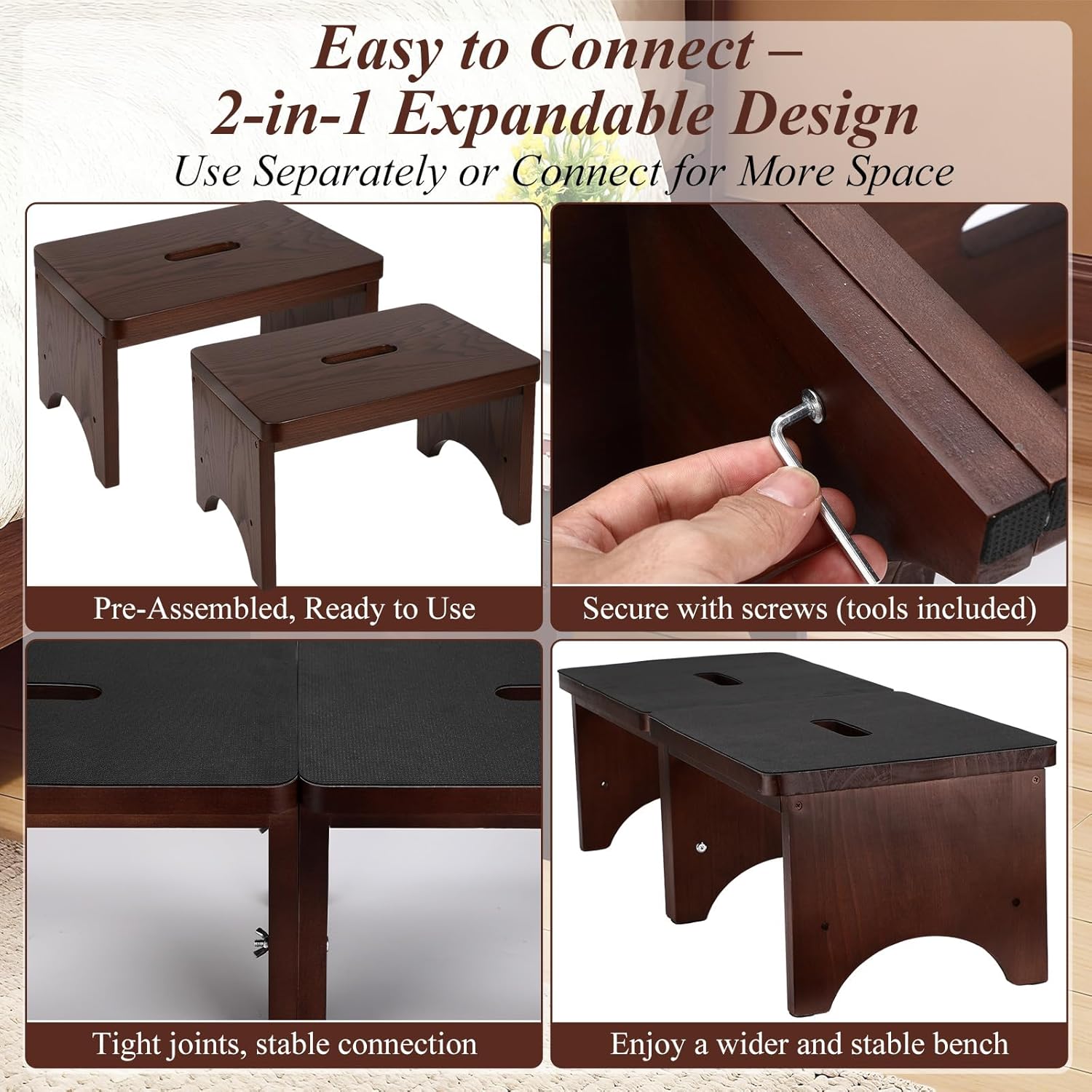 Extra Wide 31.4" Wooden Step Stool – 2 Pack One Step Stool for Adults Seniors 2-in-1 with Non-Slip Rubber Surface – Holds up to 500 Lbs for High Beds Bedroom Bathroom Kitchen Outdoor(9 Inch)