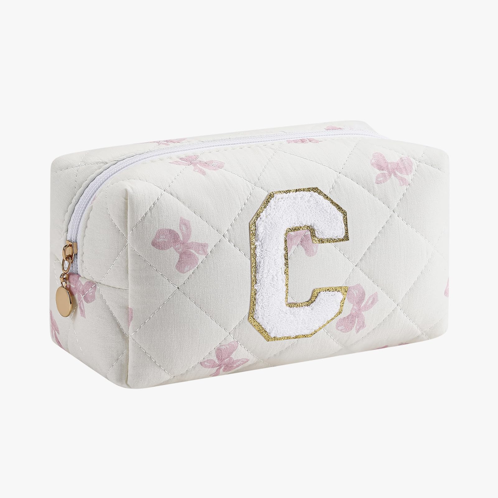 Gleyemor Personalized Initial Makeup Bag for Women, Cute Quilted Pink Floral Cotton Cosmetic Bag, Christmas Gifts for Her Mom Friend Sister Bridesmaid