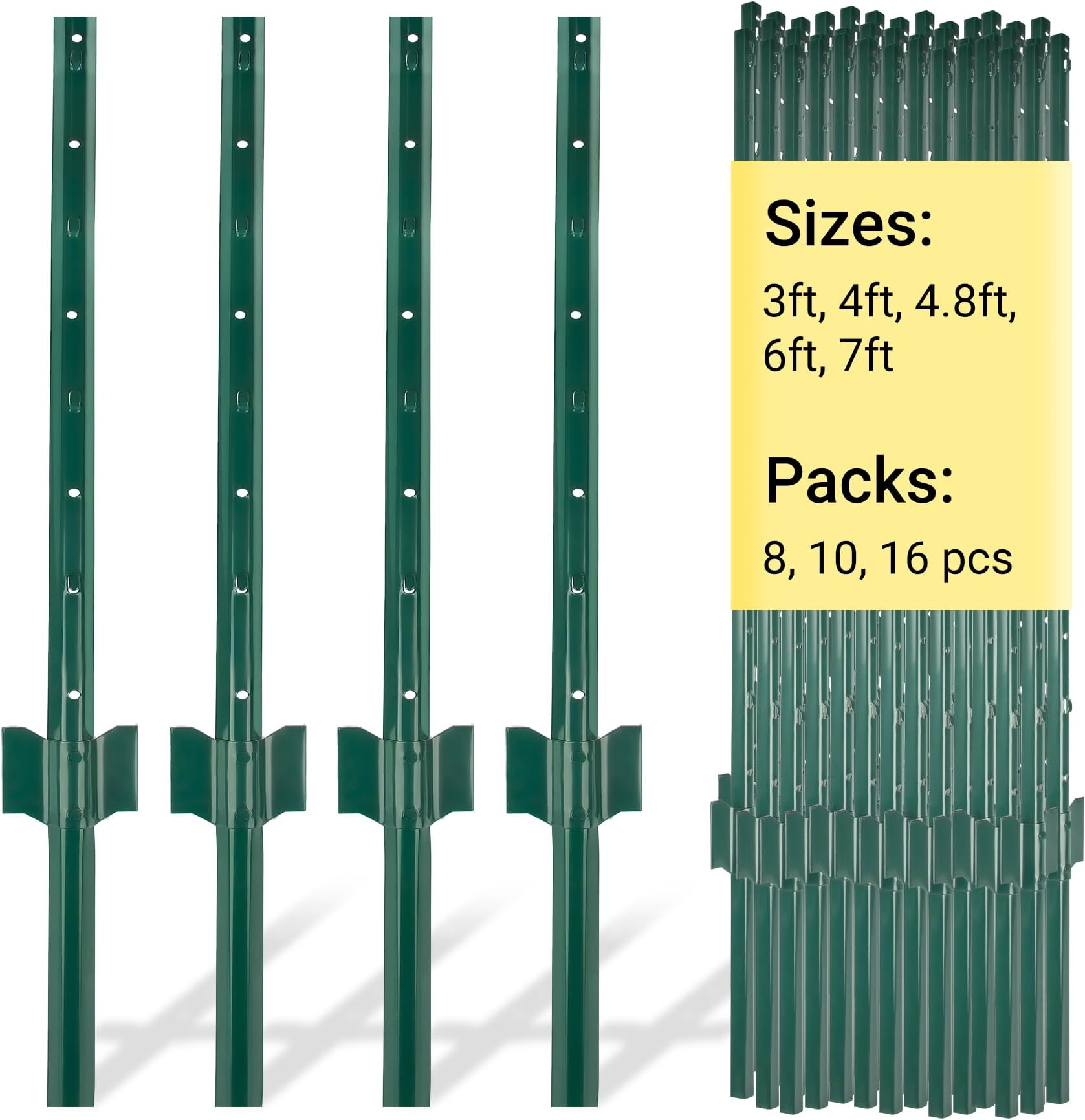 5 Feet Heavy Duty Metal Fence Post with U-Channel, 10 Pack, Green, Commercial Grade, Agricultural Fencing