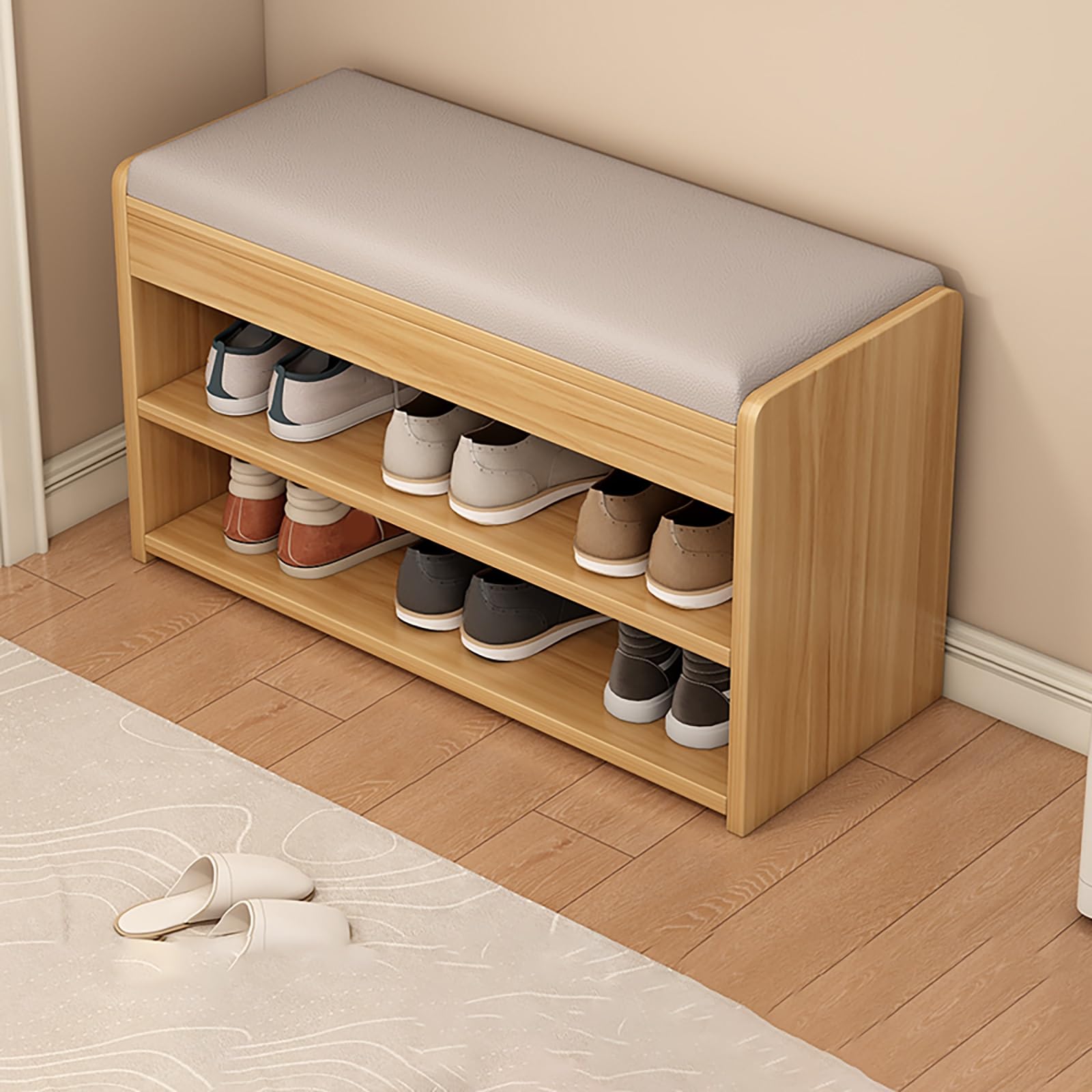 GDMDPTE Modern 2-Tier Shoe Storage Bench Upholstered Entryway Stool Construction for Front Door Stylish and Functional nizer for Home Entryway