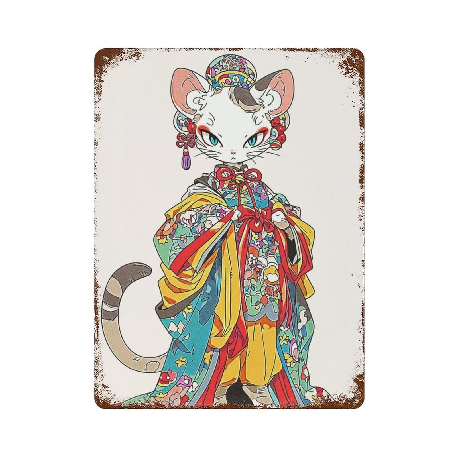 Cat Geisha Rusty Metal Tin Sign 15.7"x11.8", for Basement, Hobby Room And Garage Decor, Retro Wall Decor