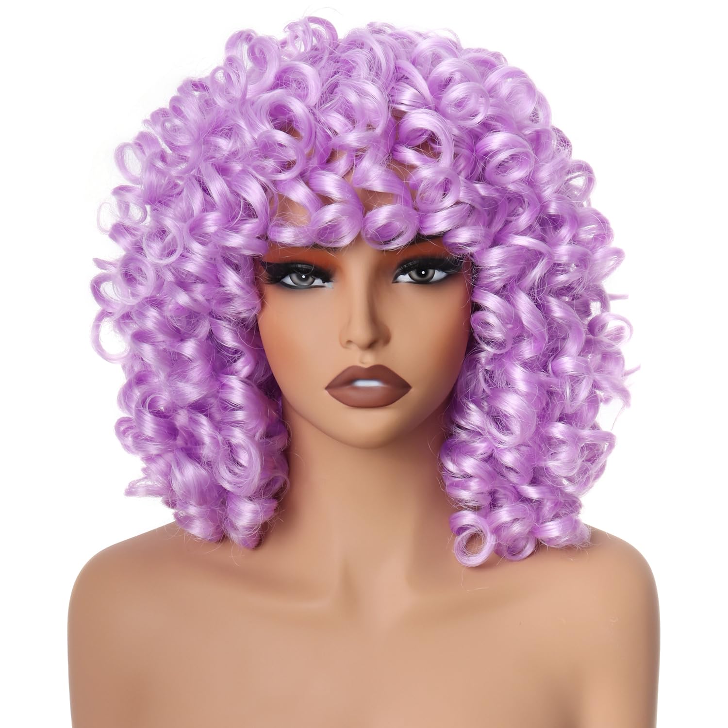 PORSMEER Purple Curly Wigs for Women Synthetic Hair Natural Loose Curly Afro Kinky Medium Wavy Bob 70’s 80'S Wig Black Women for Costume or Daily Wear(light purple) - Image 2