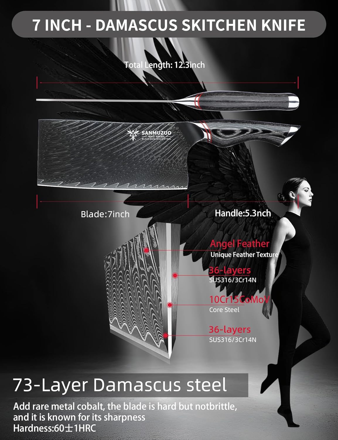 7 Inch Meat Cleaver Knife - Chinese Kitchen Vegetable Cleaver - Black Damascus Steel with Ergonomic Handle - MIAO Series