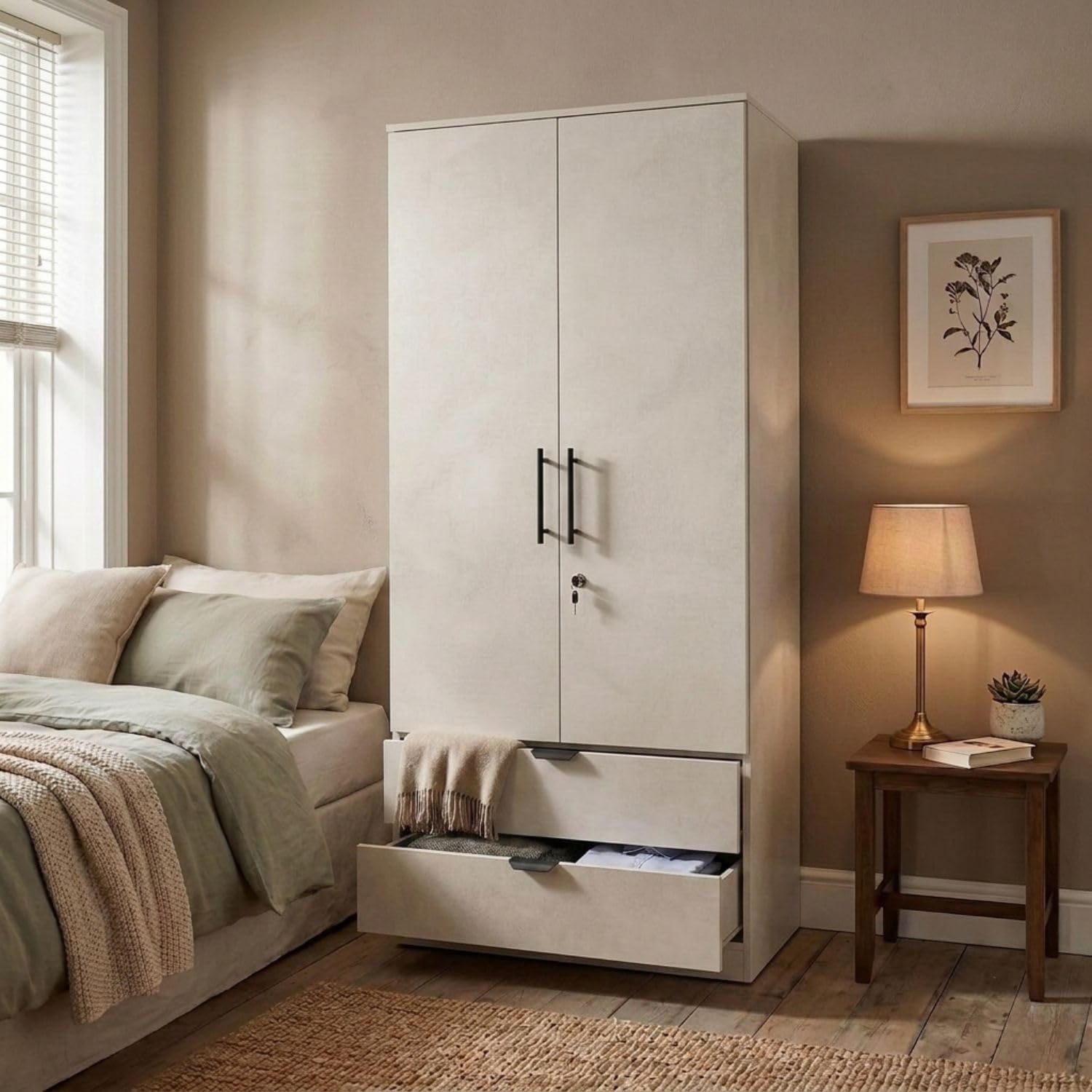 FFO Keris Wooden Wardrobe with 2 Doors & 2 Drawers | Clothes Almirah with Hanging Rod, Storage Shelves, Lock and Black Handles | White, DIY Assembly-image-46