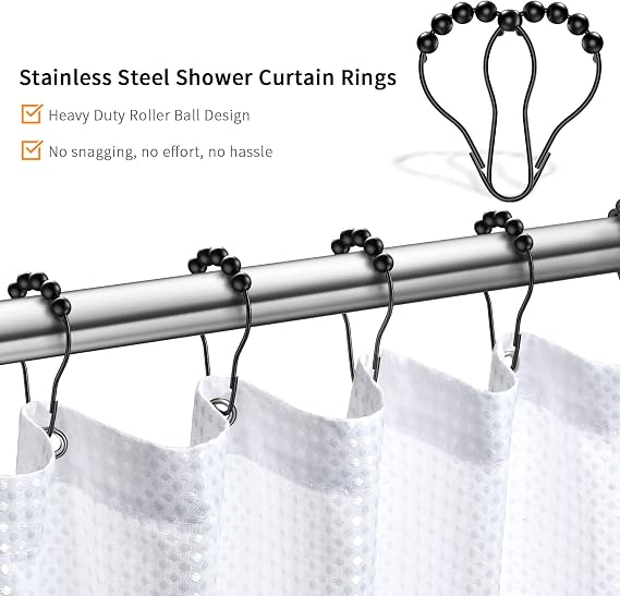 MitoVilla Stainless Steel Black Shower Curtain Hooks, 24 PCS Shower Hooks for Shower Curtain Liner, Rolling Balls Rust Proof Shower Rings for Curtain Accessories and Bathroom Shower Rod, Set of 24