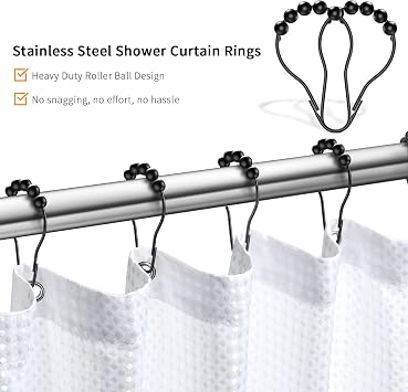MitoVilla Stainless Steel Black Shower Curtain Hooks, 24 PCS Shower Hooks for Shower Curtain Liner, Rolling Balls Rust Proof Shower Rings for Curtain Accessories and Bathroom Shower Rod, Set of 24
