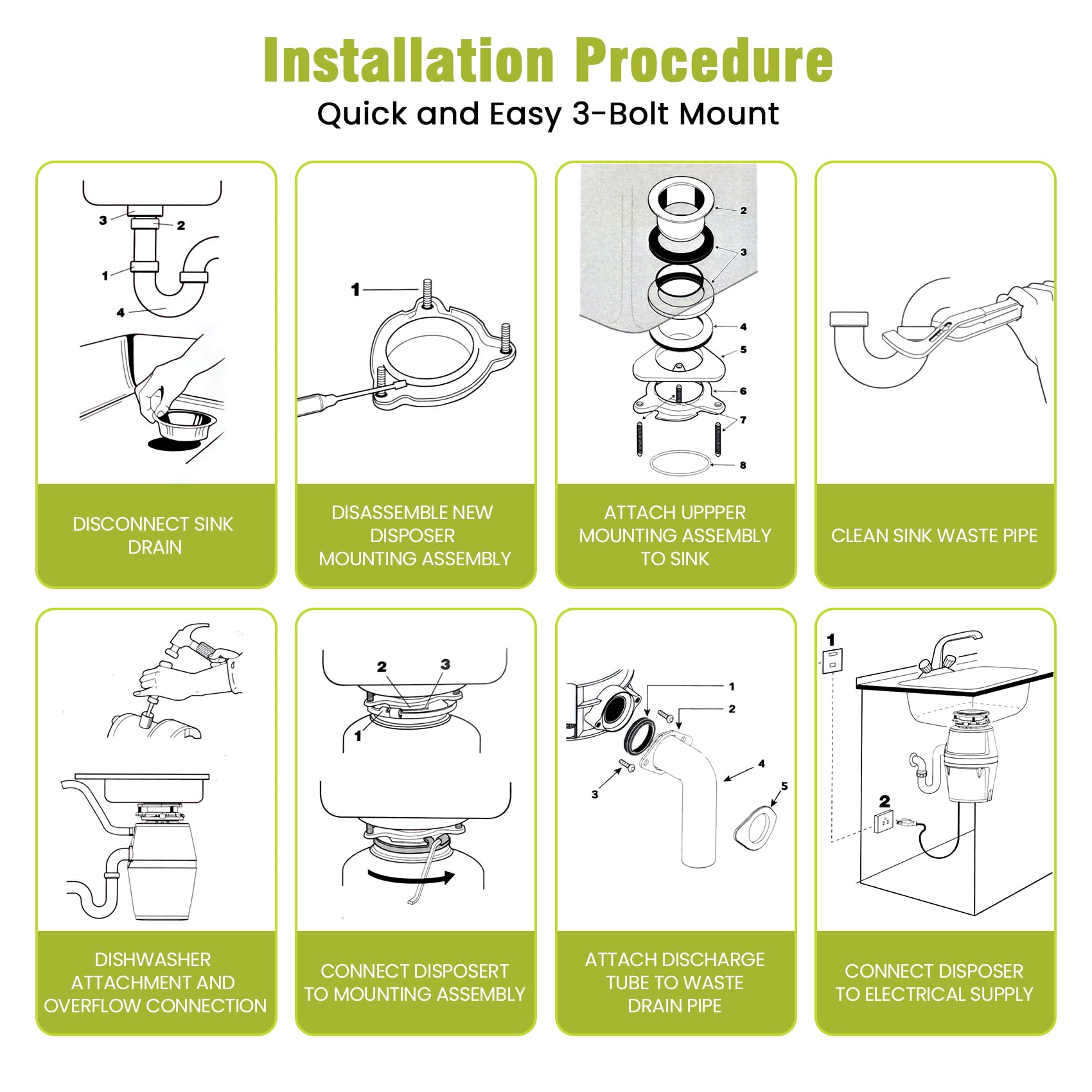 Triturador de basura CC de 3/4 HP silencioso (<60 dB) con cable y conexión para lavavajillas para fregadero de cocina, molienda de 6 etapas, 3 pernos, 2700 RPM, alimentación continua, acero inoxidable