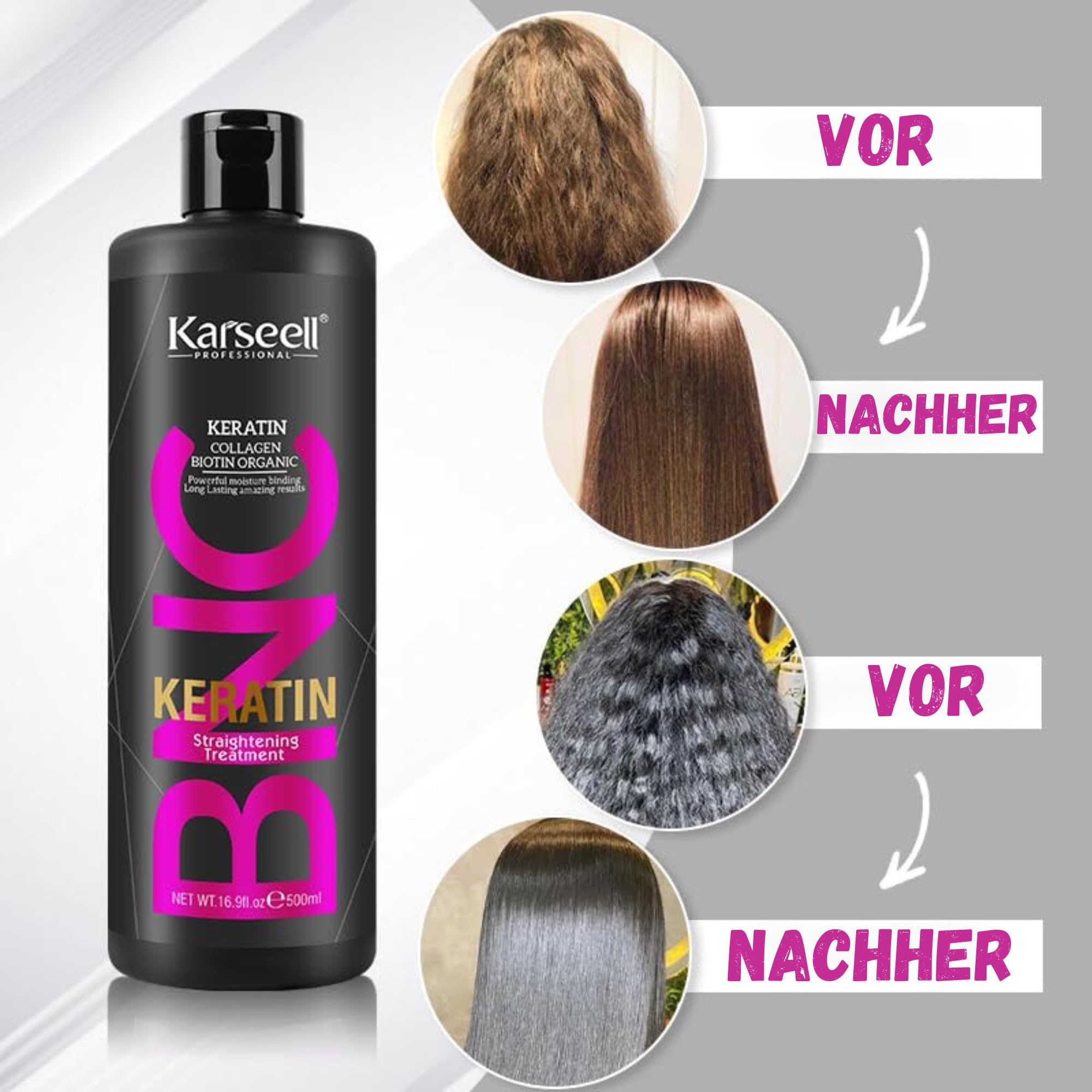 Karseell MACA CARE SYSTEM Keratin Glättung Ohne Formaldehyd Trockenes Krauses Geschädigtes Haar Kollagen Biotin Arganöl Feuchtigkeitspflege Glanz Reparatur Antifrizz Tägliche Anwendung Zuhause 500ml