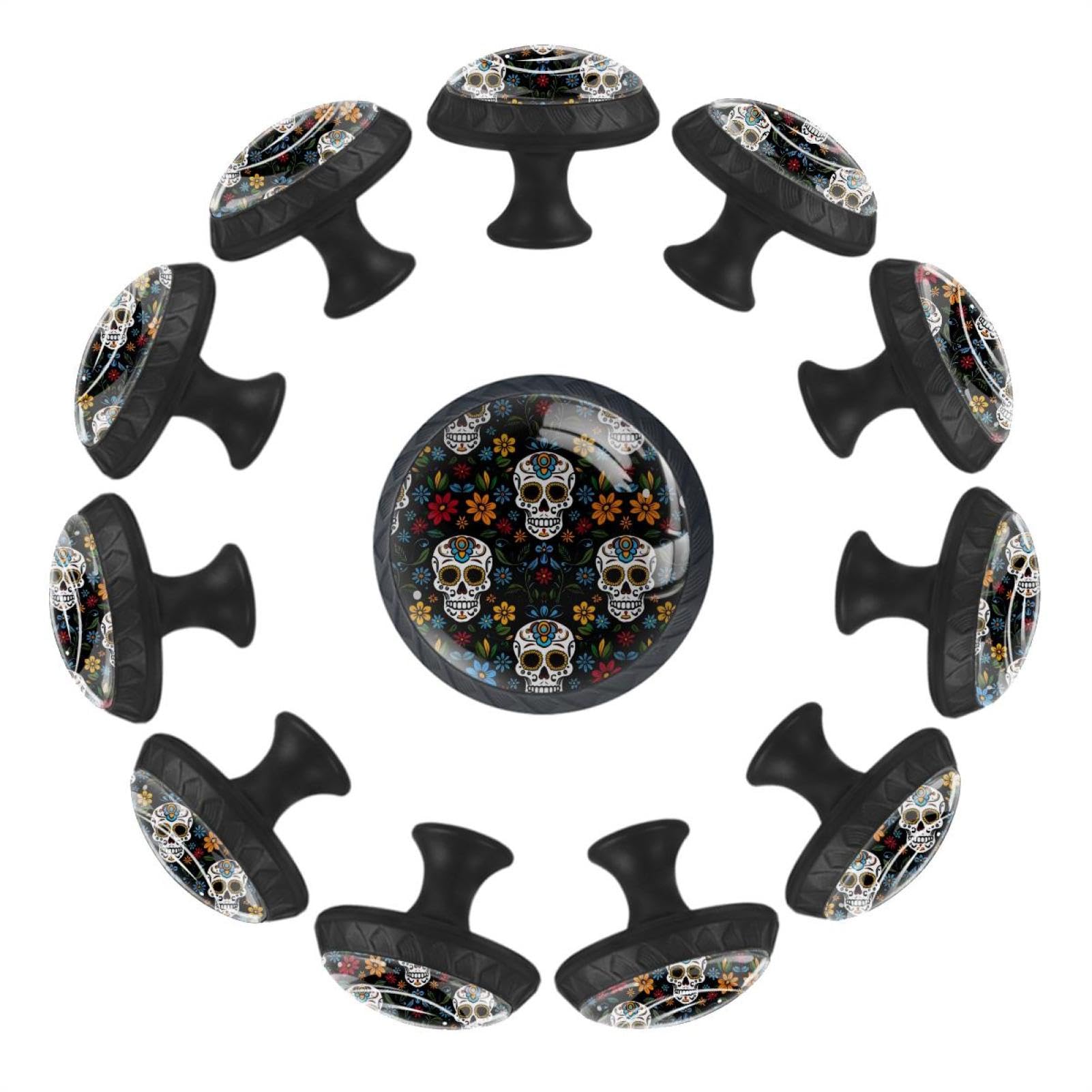 Boutons de tiroir tête de mort fleurie en verre transparent (lot de 12)