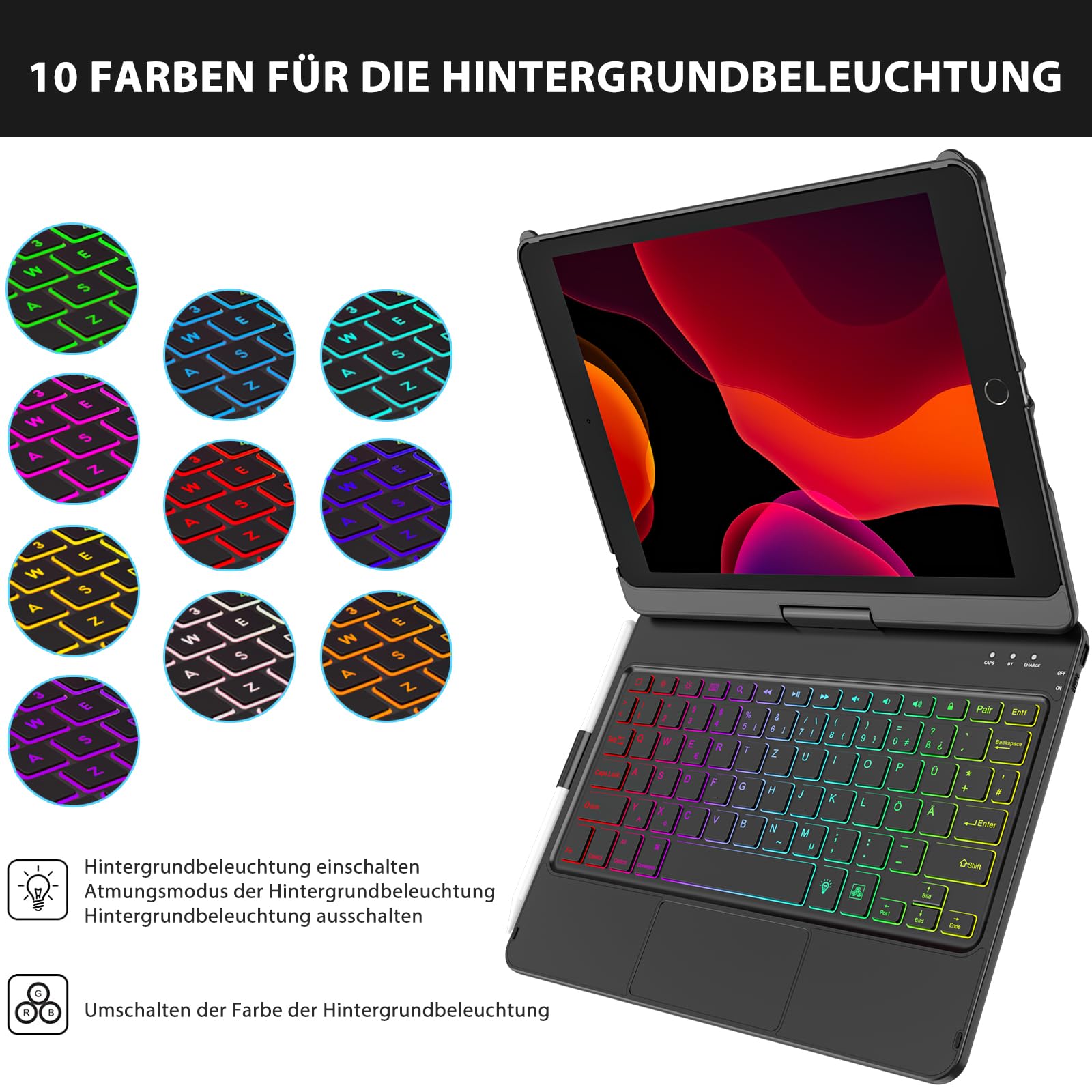 Tastatur Hülle für iPad 10.2 Zoll,für iPad 9/8/7 Generation Hülle,360° Touchpad Flip Hartschale Slim Cover,Kabellose Bluetooth Tastaturhülle,7 Hintergrundbeleuchtungen, Auto Sleep/Wake,QWERTZ Layout