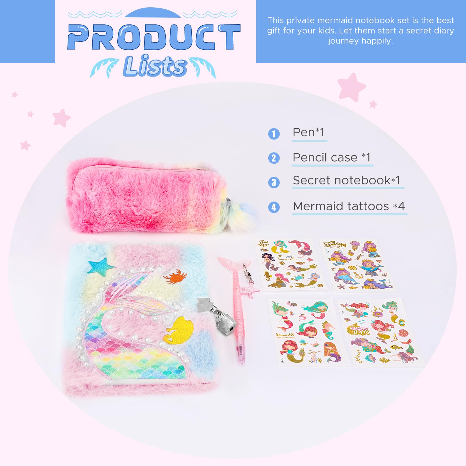 Homicozy Geheim Dagboek Met Slot – Zeemeermin Thema, Met Pennenetui, Pen En Stickers, Roze, Cadeau Voor Meisjes