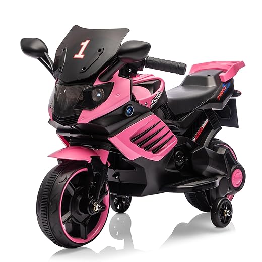 Kids Ride On Motorcycle, 6V Battery Powered Electric Motorcycle, w/Treaded Tires, Horn, Working Headlight, Music, Training Wheels, Stable Ride On Toys for Kids Toddler Boys Girls 3-6, Rosy