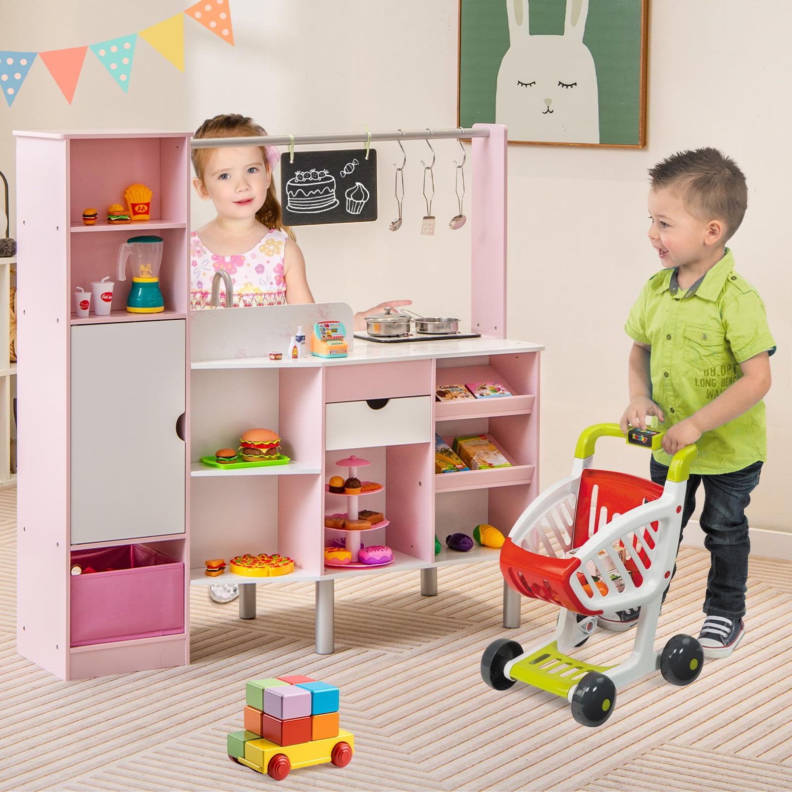 COSTWAY 2 in 1 Kinderküche & Kaufladen, Spielküche mit Licht und Sound, interaktiver Eismacher & Tafel, inkl. 82 Zubehörteile, doppelseitig, Spielzeugküche für Kinder ab 3 Jahren