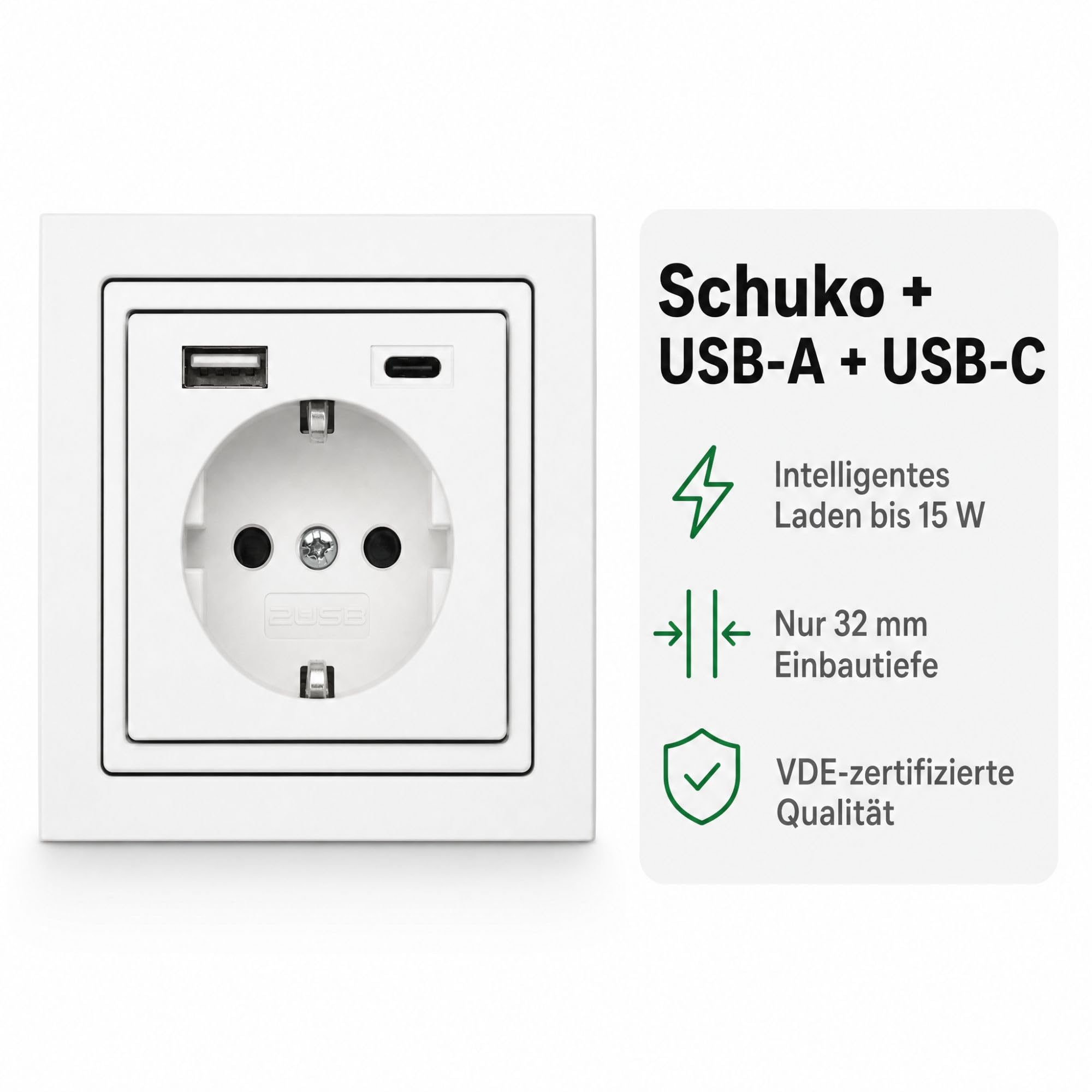 USB-Steckdose chargeMax unter Putz USB-A + USB-C mit Rahmen Ausführung 2USB, Tiefe nur 32mm, Set mit Abdeckung Busch Jaeger Future studioweiß glänzend