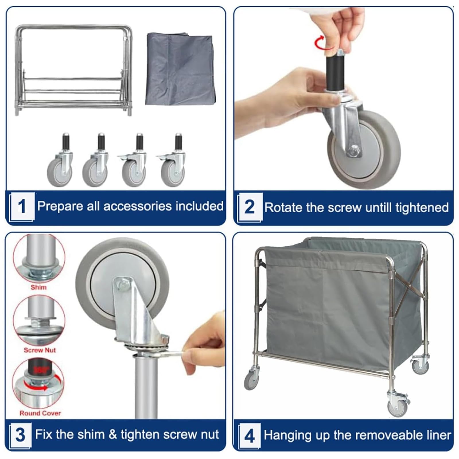 Carro Clasificador de Ropa Plegable, Cesto de Lavandería Comercial para Hotel con Estructura de Acero y Bolsas Extraíbles, Capacidad Total 280 L, Capacidad de Carga 200 Kg/440 Lb(Gray,60x90x88cm)