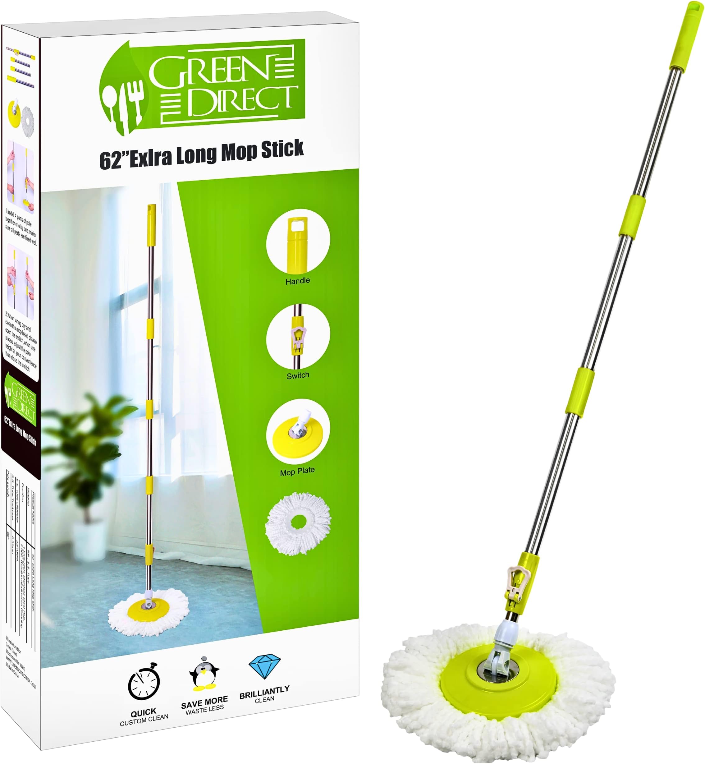 Green Direct Mop Stick for Spin Mop Bucket Cleaning System, Mop Stick, and Microfiber Mop Head Included