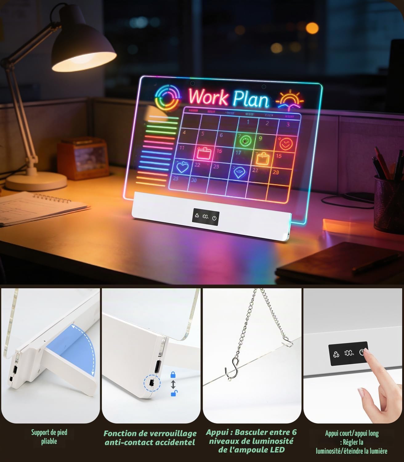 Tableau Lumineux Dessin Enfant - Ardoise Lumineuse 35x23cm avec 8 Couleurs RGB & 3 Modes Planche à Dessin LED Rechargeable, Support et Chaîne Inclus - Tablette Lumineuse Dessin