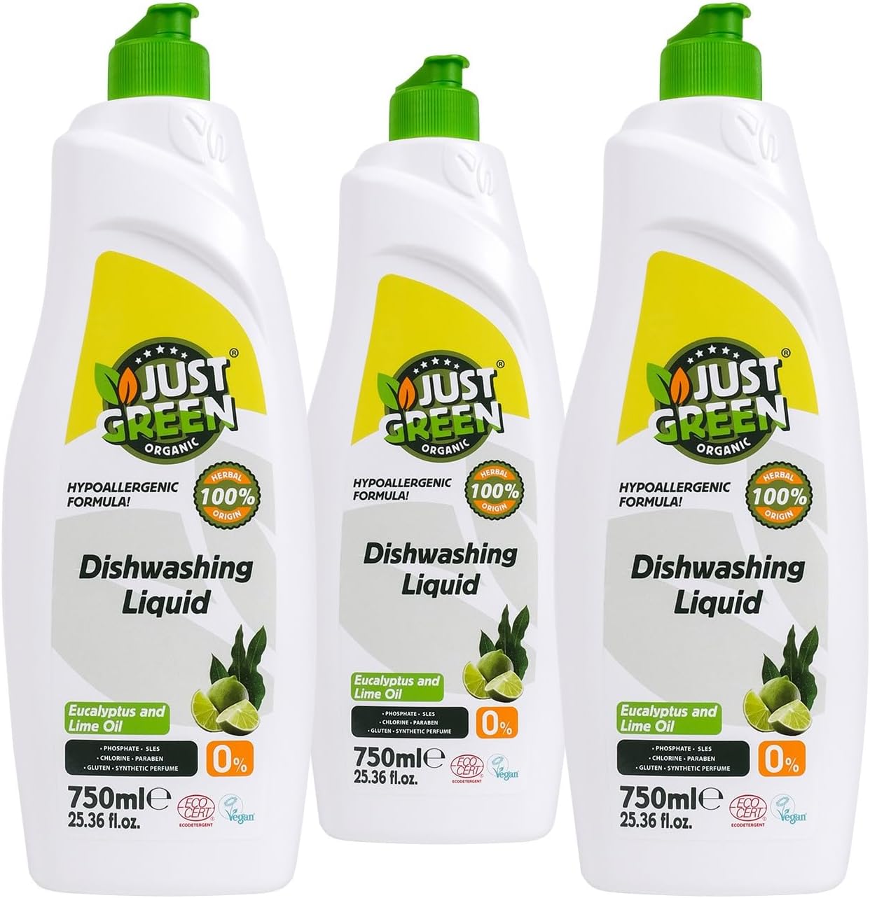 Dish Soap, Plant-Based Dishwashing Liquid, Non-Toxic, Hypoallergenic, EcoCert Certified, Vegan, Grease-Cutting, Eucalyptus & Lime Scent, 25.3 fl oz (750 ml) - 3 Pack