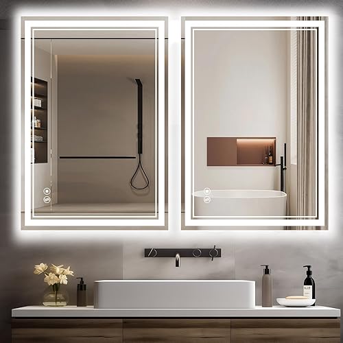Miniatura 15 de Espejo LED de 48 x 28 pulgadas para baño, espejo de baño antivaho con luces regulables, 3 colores, luces delanteras y retroiluminadas, espejo de