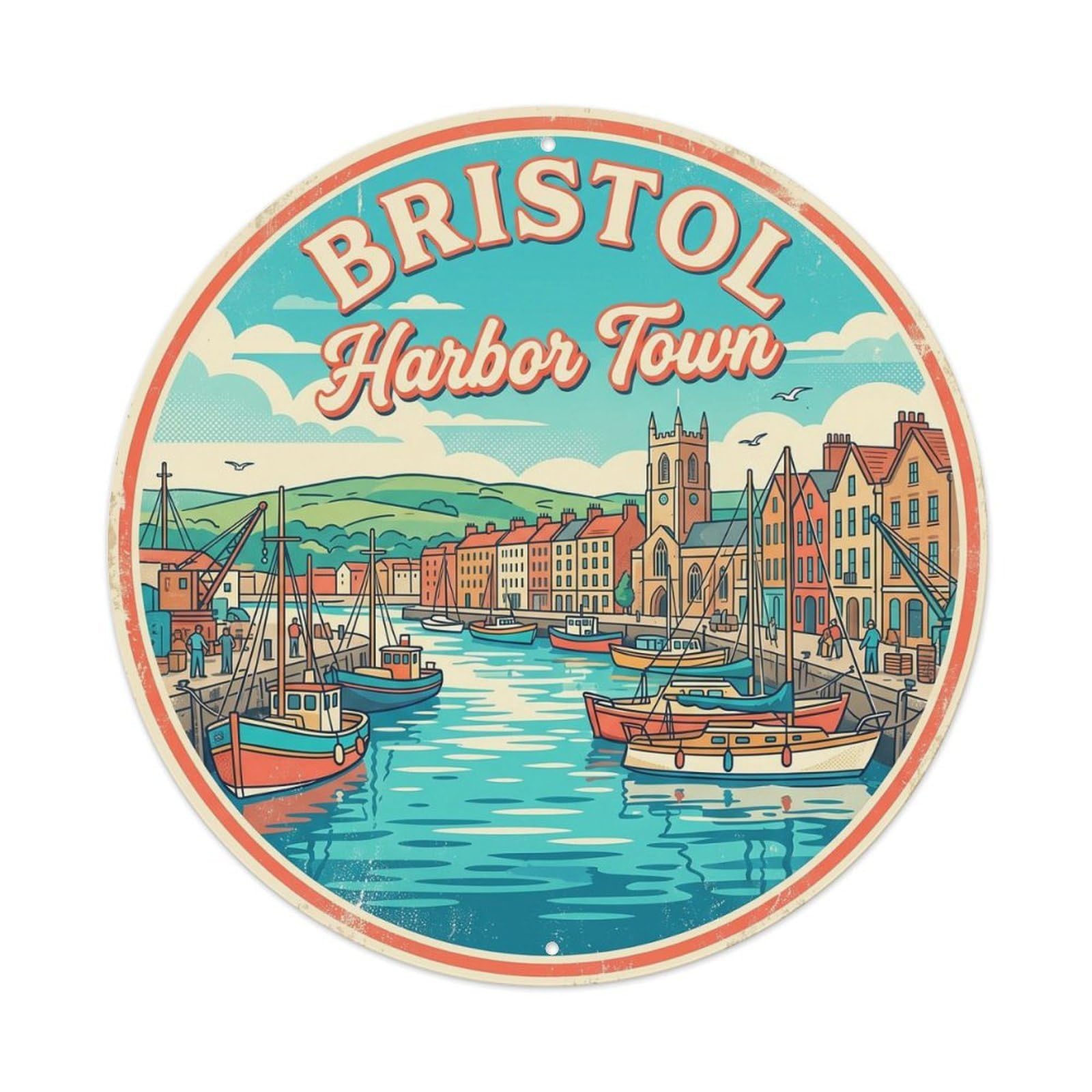 Cmhok Vintage Style-7 Vintage Travel Bristol Harbour Artwork Metal Tin Sign Plaque Wall Decor For Cafe, Club, Garden Round Metal Poster 8X8inch