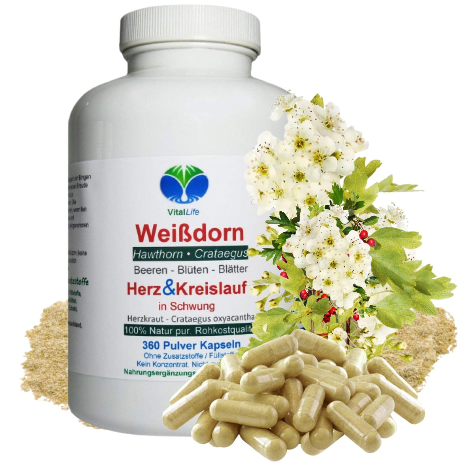WEISSDORN Weißdorn "HERZKRAUT" 360 Kapseln Durchblutung & Herz-Kreislauf-System. NATUR pur. Weißdornbeeren & Weißdornblätter & Weißdornblüten. OHNE ZUSATZSTOFFE. 27100-360