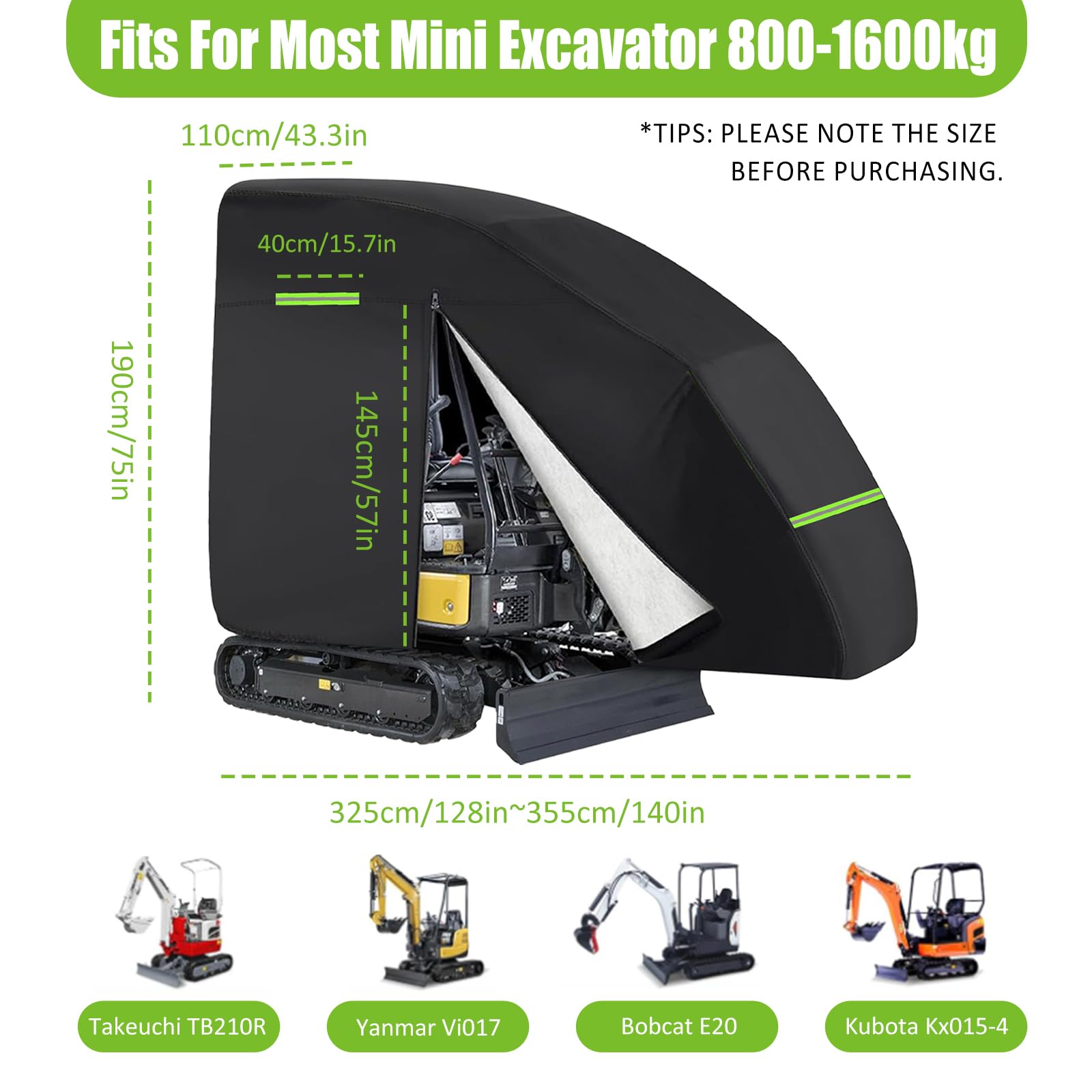Cubierta para excavadora, 420D impermeable, cubierta protectora completa para mini excavadoras de 800 a 1600 kg, lona para excavadora con cremallera, tira reflectante y dobladillo elástico, protección