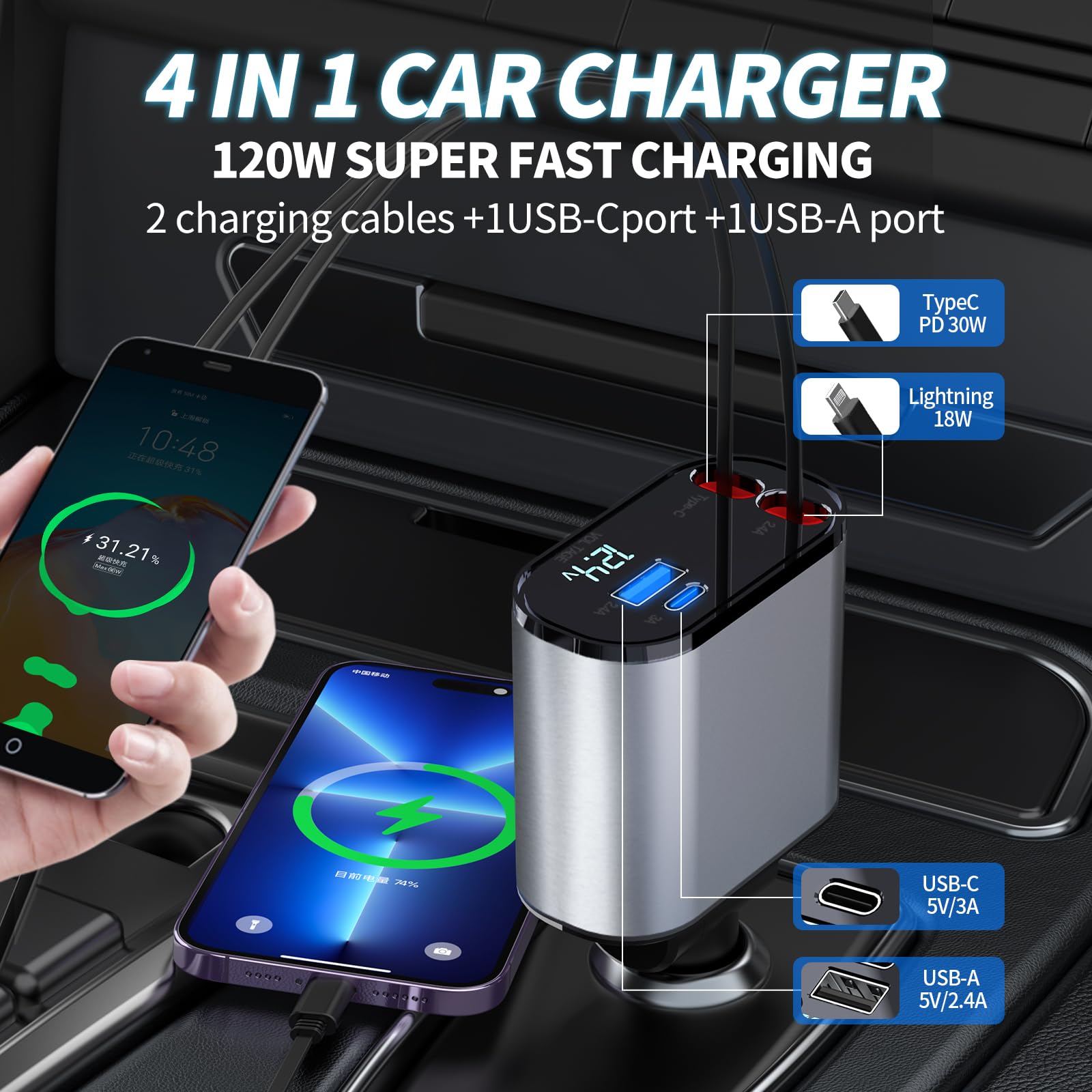 Caricatore da auto retrattile, caricabatterie rapido 4 in 1, 2 cavi retrattili (80 cm) e 2 porte USB, adattatore per caricabatterie da auto per iPhone 16/15/14/13/12 Pro Max, iPad, Samsung, Pixel
