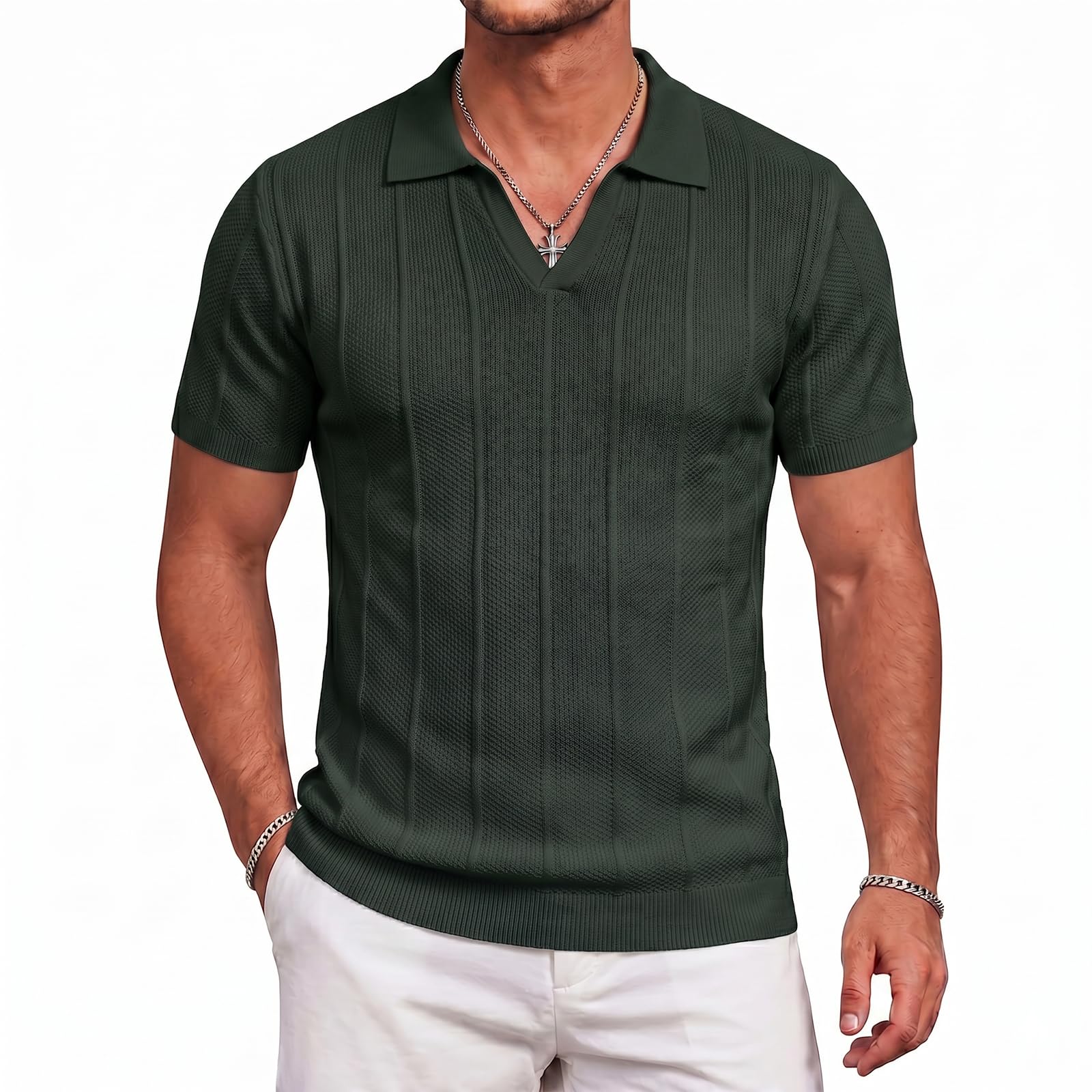 Men's Knit Polo Shirts V Neck Short Sleeve Casual Breathable Soft Golf Shirt