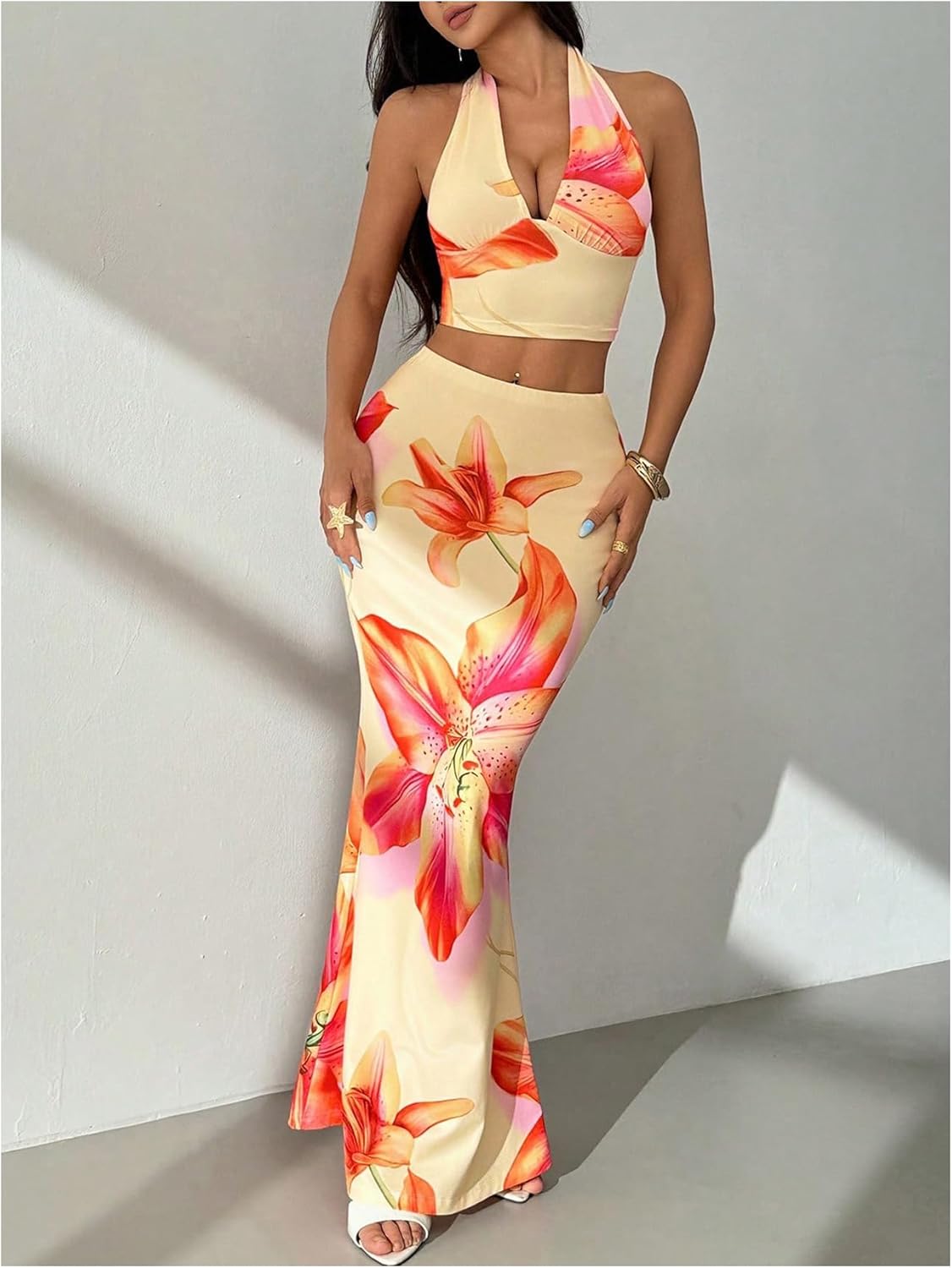 GORGLITTER Women's Going Out Set 2 Piece Floral Backless Halter Top Bodycon Maxi Skirt Sets Matching Outfit - Image 5