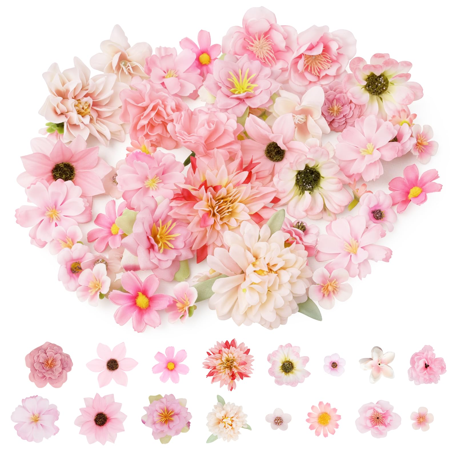 Alaoo 56Pcs Flower Heads Decorations, Multi-color Artificial Flower, Small Decorative Flowers for Craft DIY Wreath Gift,Wedding Art Party Home Garden Decoration, Pink Style