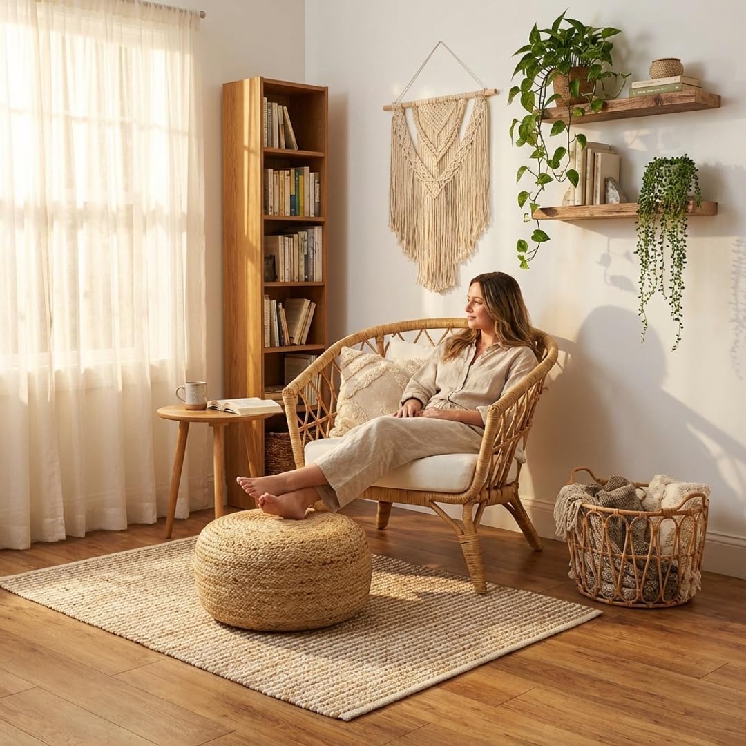 NR HOME STORES Jute Ottoman Pouf For Seating|Jute Ottoman For Footrest Filled With Bean Balls|Ottoman Pouf Stools For Living Roombedroom, 50X50X25 Cm, Beige-image-7