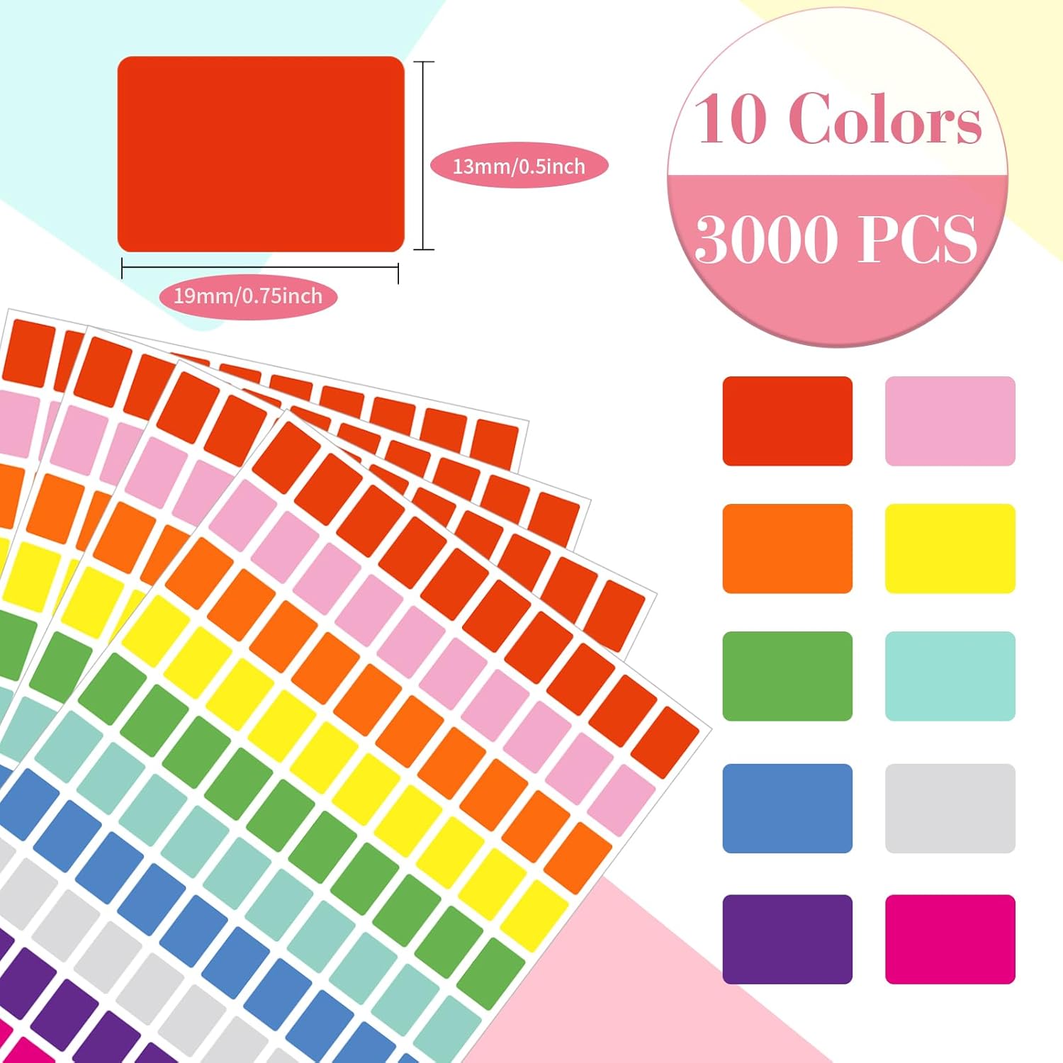 Starboling Color Coding Labels,3000 PCS 1/2" x 3/4" 10 Colors Rectangular Colored Labels Stickers,for Garage Sale,Price Tags,File Folder Tabs,and Classroom Organization - Image 2