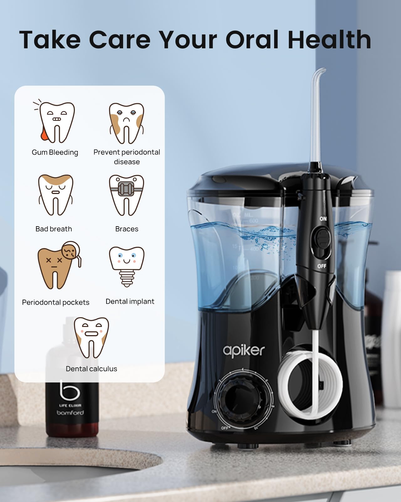 Apiker Water Flosser 10 Pressure - Düsen 8 Düsen - 600 Ml IPX7 - Tartar