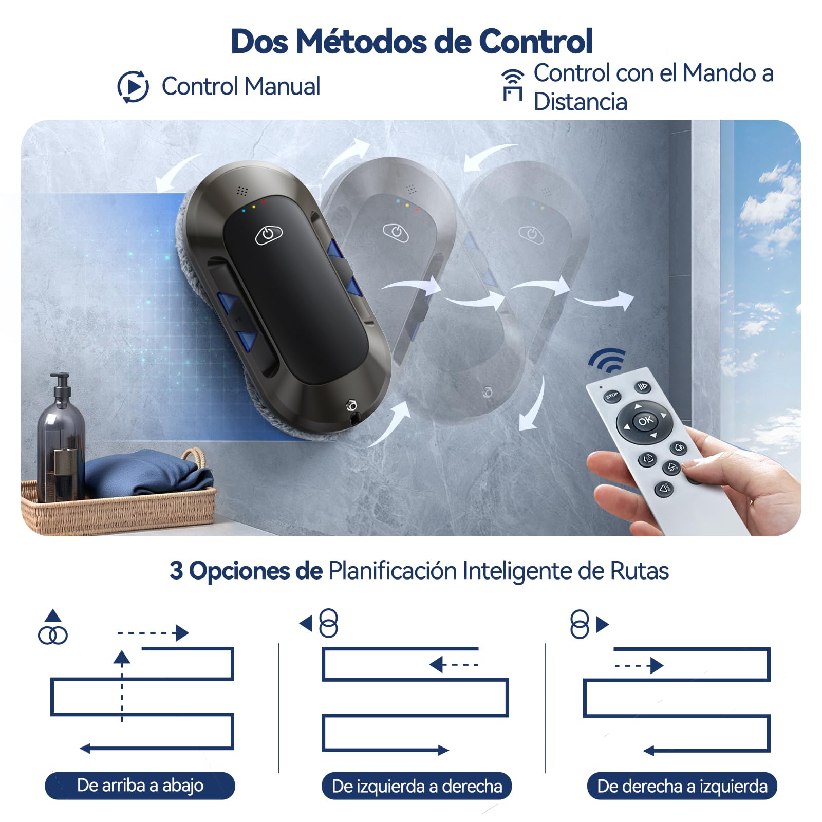 Robot limpiacristales con Función de Pulverización, Succión Turbo de 6500 Pa, 3 Modos de Limpieza y navegación Inteligente para una Limpieza eficaz de Ventanas, Modelo: W23D