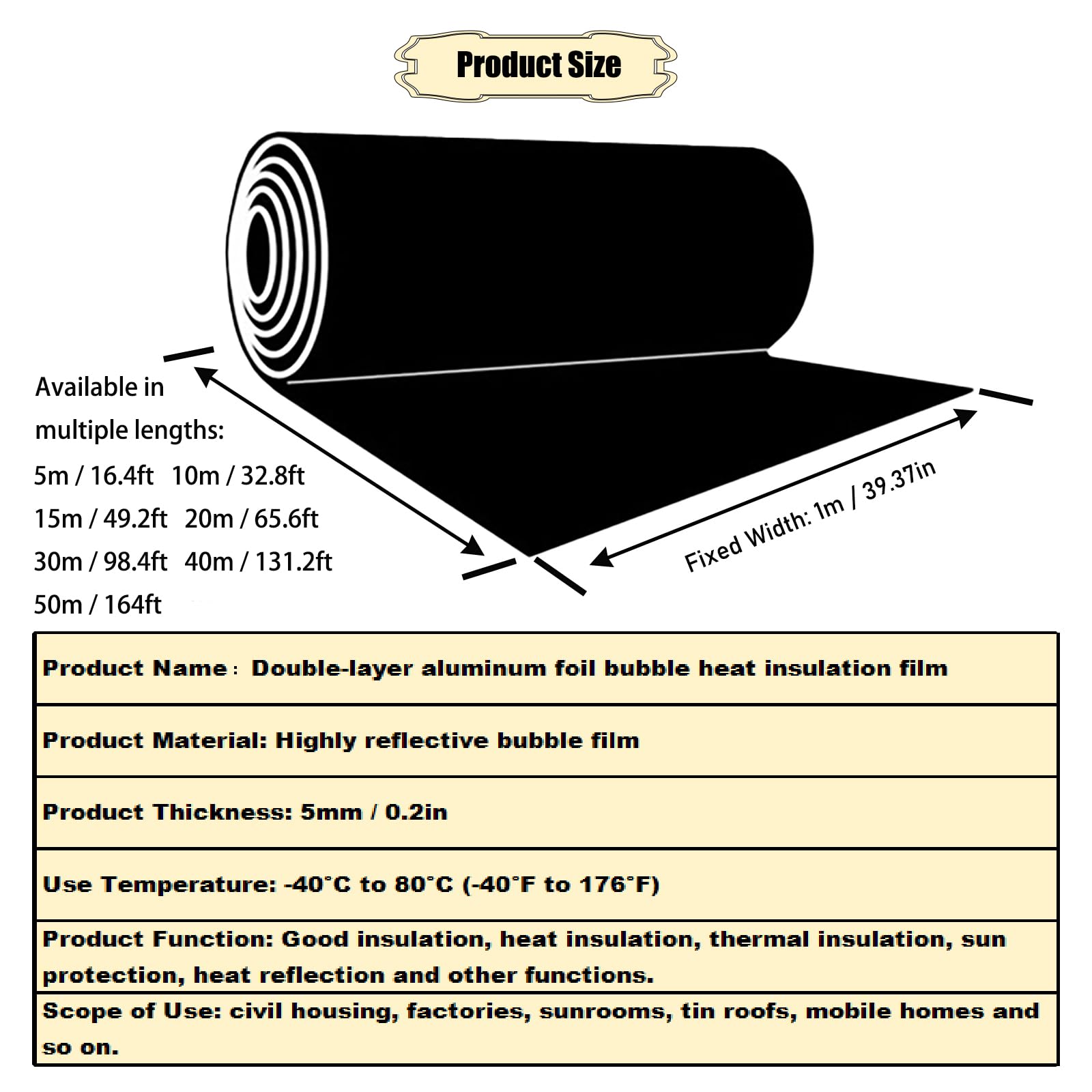 Film Isolant Bulle D’Aluminium Double Couche Autocollant Rouleau Protection Solaire étanche Isolation Thermique pour Voiture Mur Grenier Toit Abri Camping Maison (1 * 5m(39.3in*16.4ft))