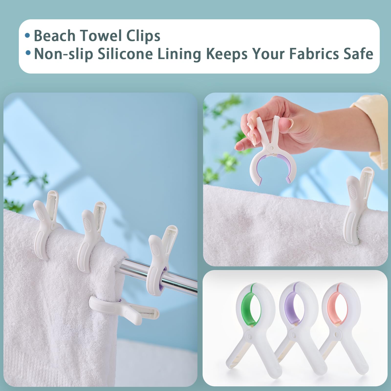 MKJFRME Beach Towel Clips, Towel Clips 12 Pack, Towel Clips for Beach Chairs Cruise Heavy Duty, Towel Clips for Clothes Pool Boat Lounge Chair, 3 Colors Pink, Purple and Green