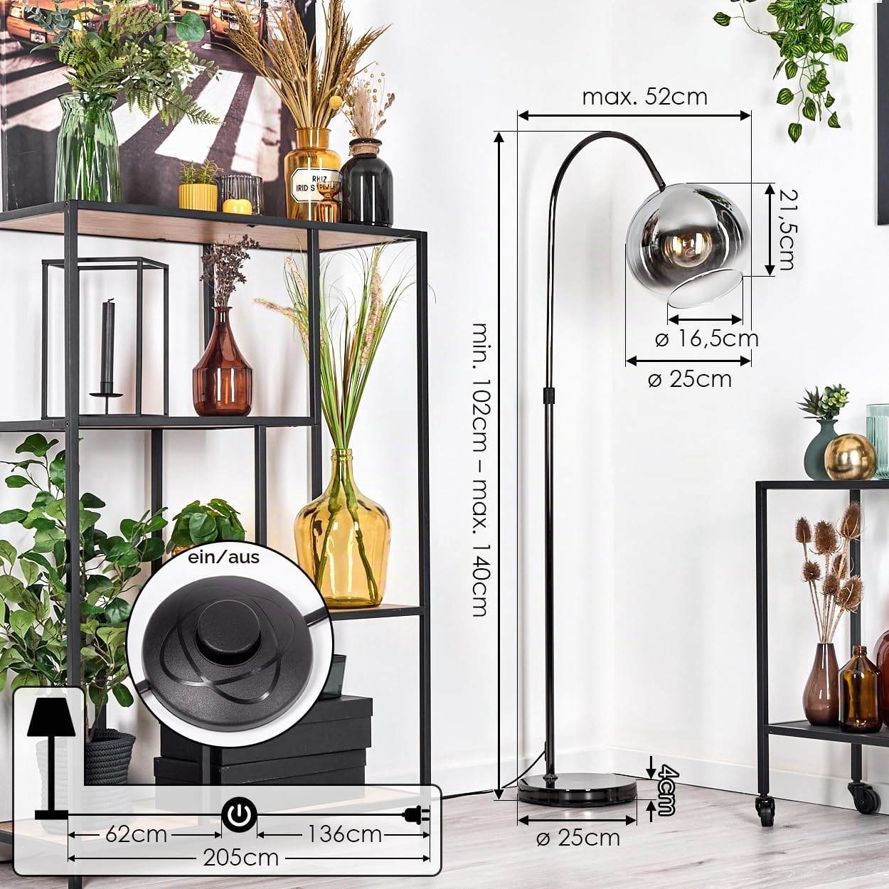 HOFSTEIN Stehleuchte Koyoto, Stehlampe aus Metall/Glas in Schwarz/Chrom/Rauch/Klar, verstellbare Leuchte im Retro/Vintage-Design, Ø 25 cm, Fußschalter, 140 cm, E27, Wohnzimmer, Schlafzimmer, Flur