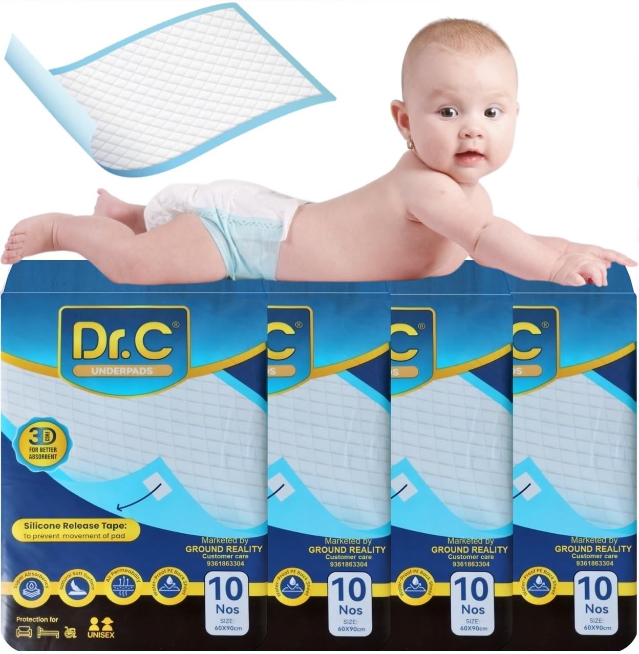 LADY HAWK Dr C Disposable Baby Underpad Bed pad Changing Mat Pad Liners for Newborn Baby Kids - 4 Non Slip Tape – Hypoallergenic Soft Superior Absorbency Leak Proof Underpad 10 Sheets 60x90cm (MOQ4)-image-43