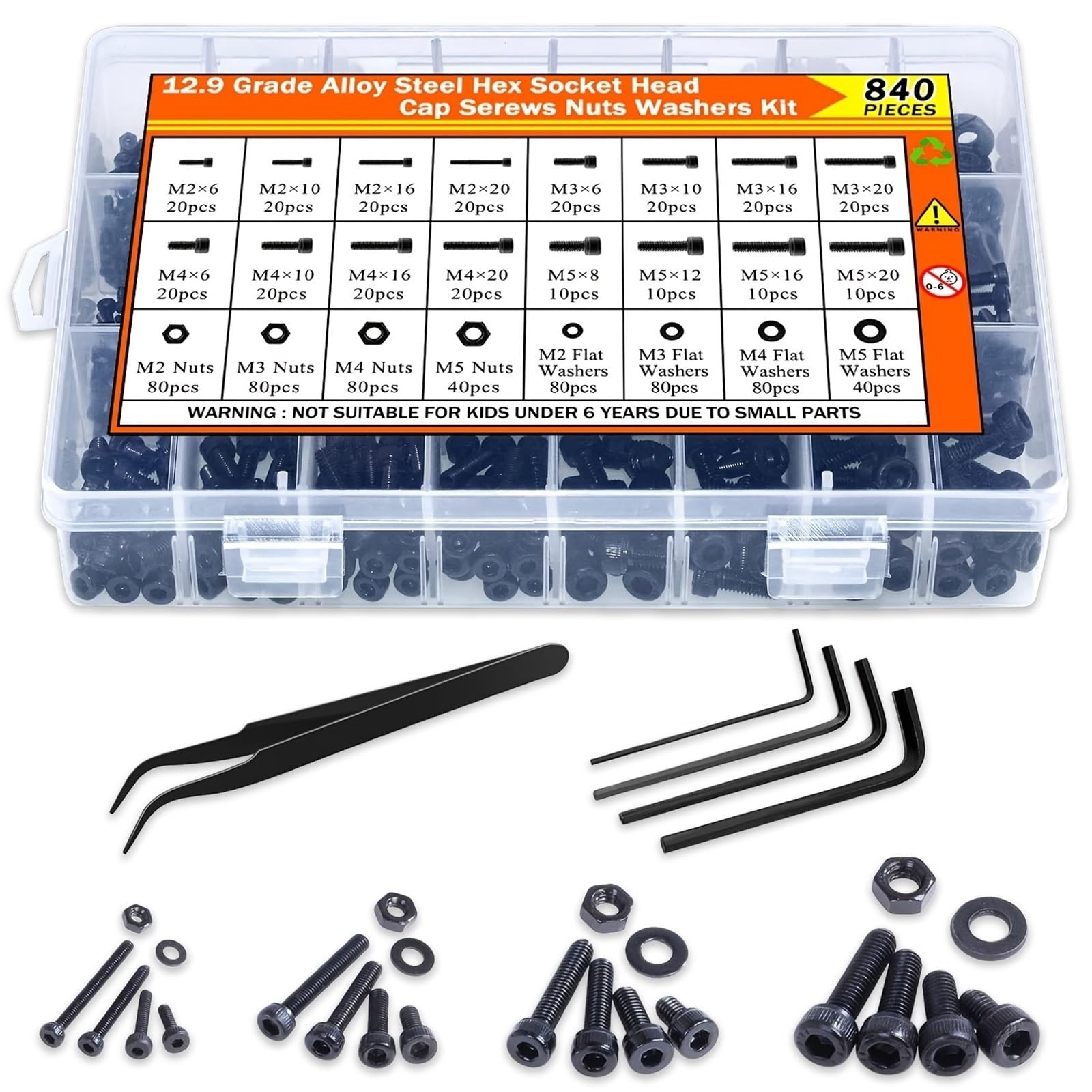 Bulloni E Dadi Kit dadi for viti a esagono incassato M2 M3 M4 M5 840 pezzi, set di bulloni metrici in acciaio legato con scatola e 4 chiavi esagonali