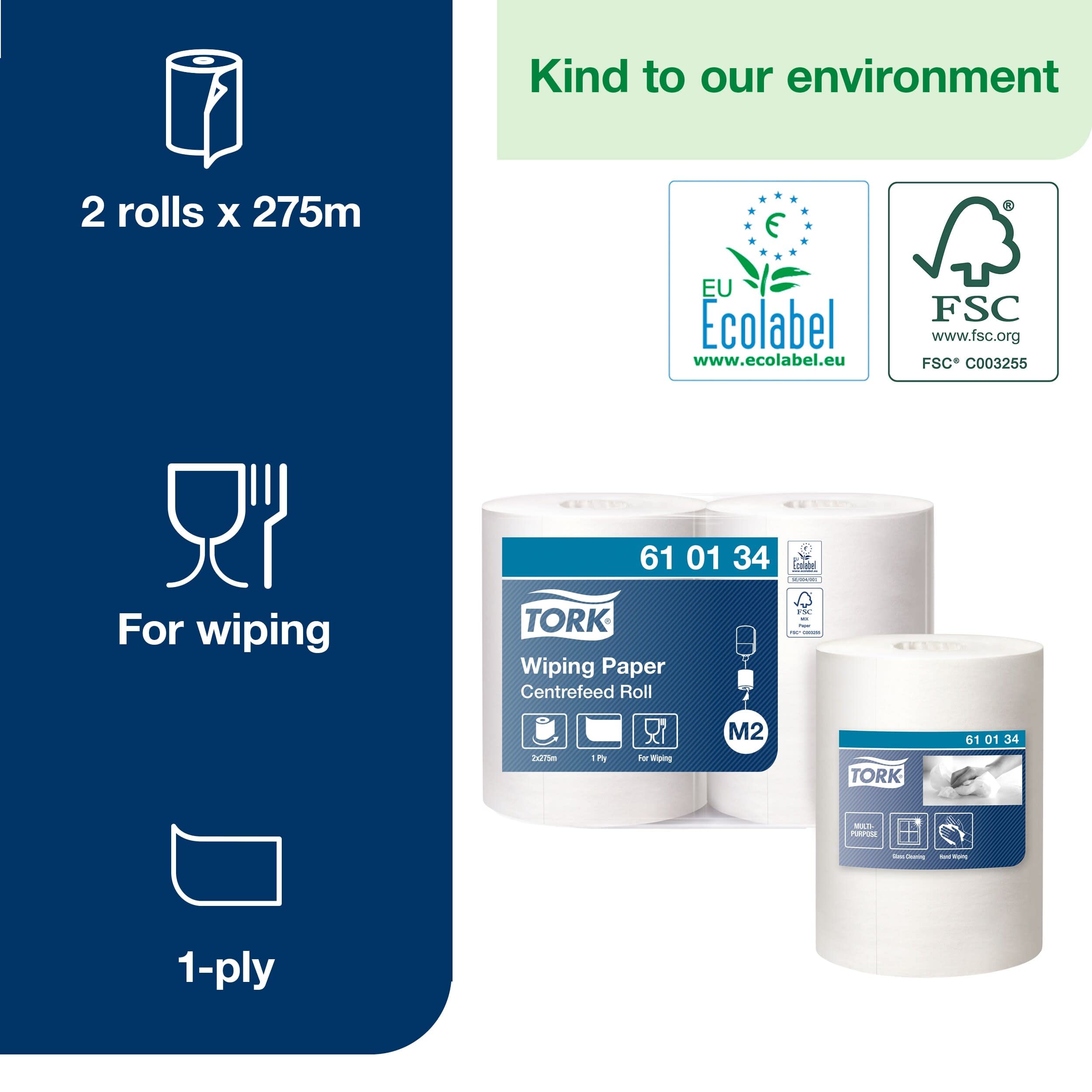 Tork Papier d’Essuyage Bobine à Dévidage Central blanc M2, essuyage mains et surfaces, 2 x 275 m, 610134
