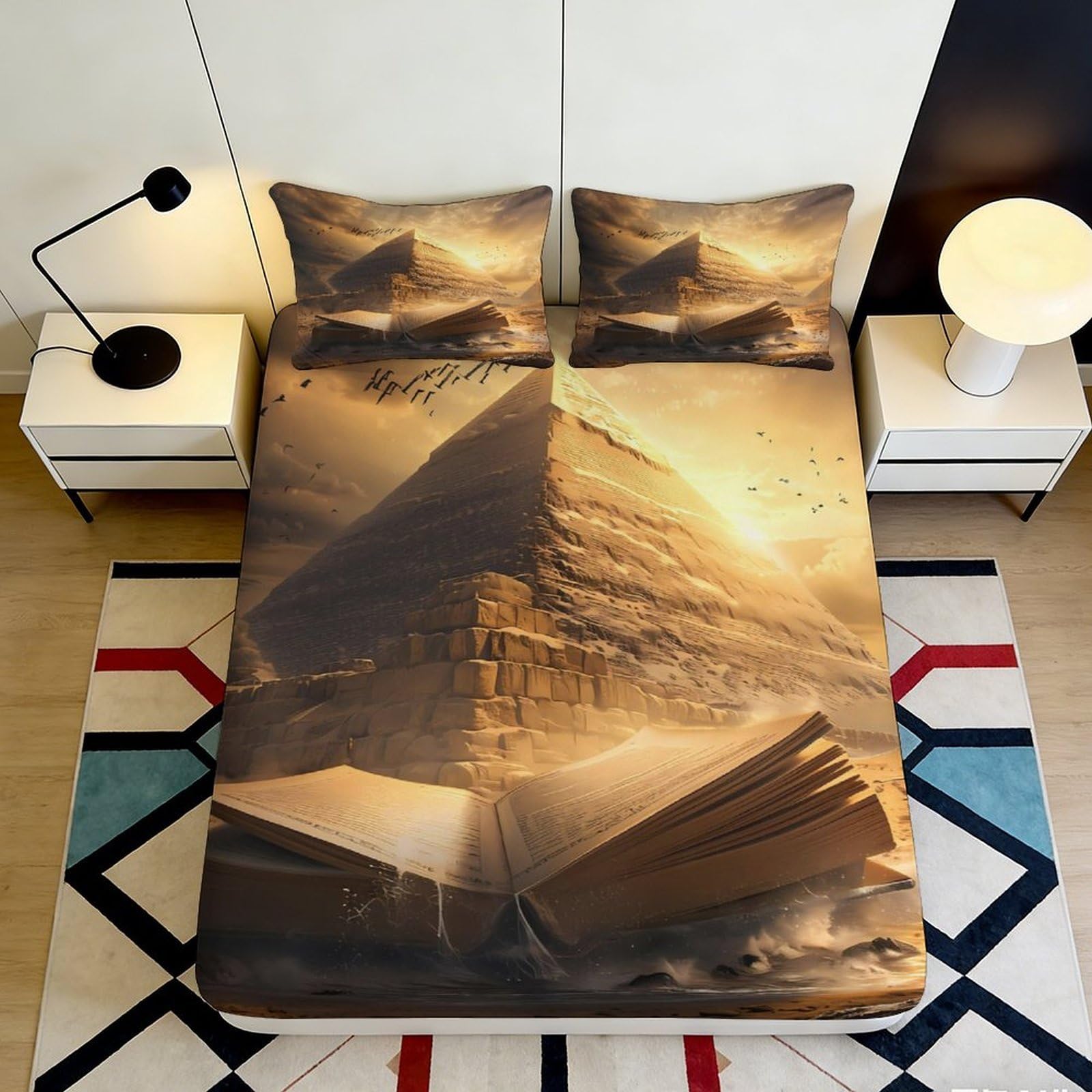 3D Printed Pyramid Sunset Fitted Sheet Microfiber Soft Bed Cover for Bedroom Guestroom Mattress Protection Decor 90x200x25cm