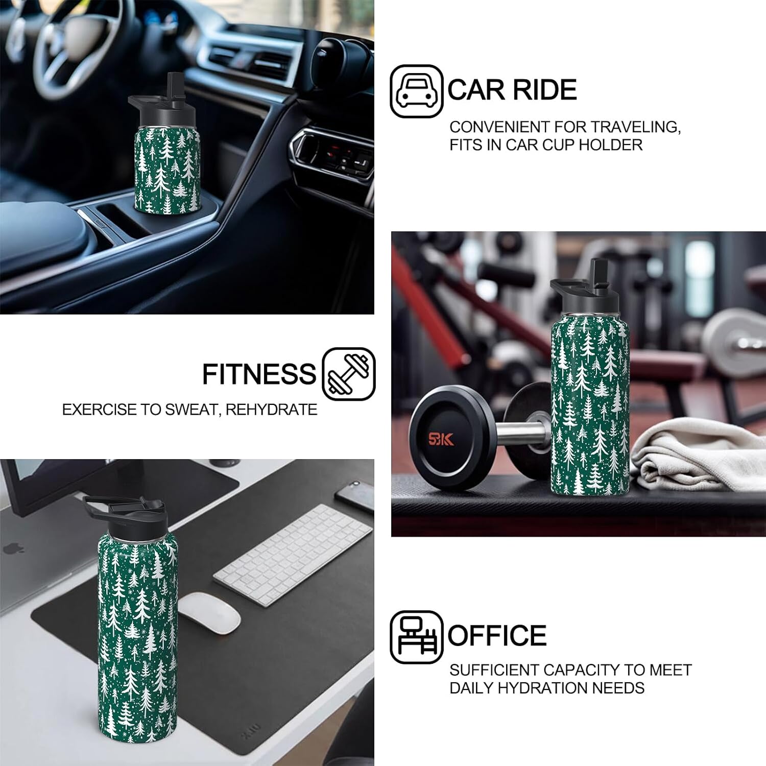 Christmas 40 oz Water Bottle with Straw Lid Christmas Tree Stainless Steel Double Walled Insulated Tumbler Winter Xmas Holiday Travel Cup Gifts for Men and Women