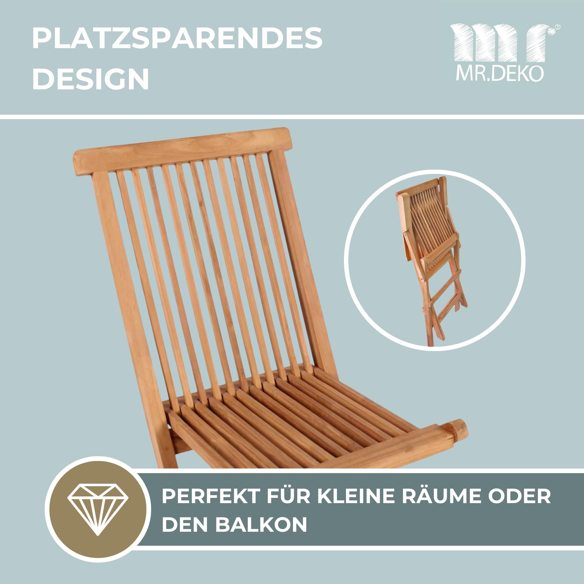 MR. DEKO Chaise Pliante En Bois De Teck Langton - Chaise Jardin Extérieur 53x43x89 Cm - Design Élégant