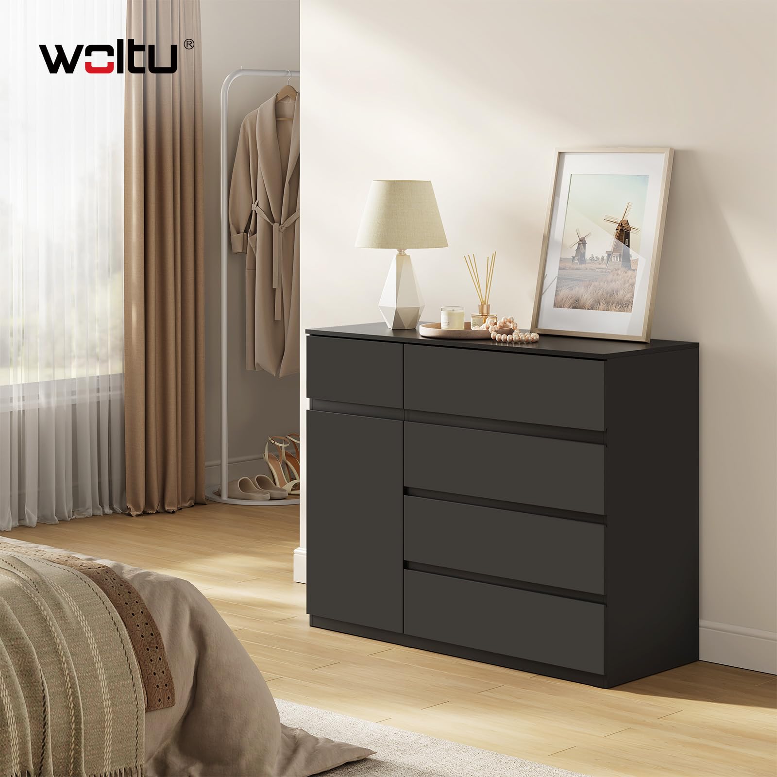 WOLTU Kommode schwarz, mit 5 Schubladen, 1 Schranktür, Moderner Schubladenschrank mit Verstellbarer Ablage, für Wohnzimmer Schlafzimmer Flur, 100 x 80 x 40 cm
