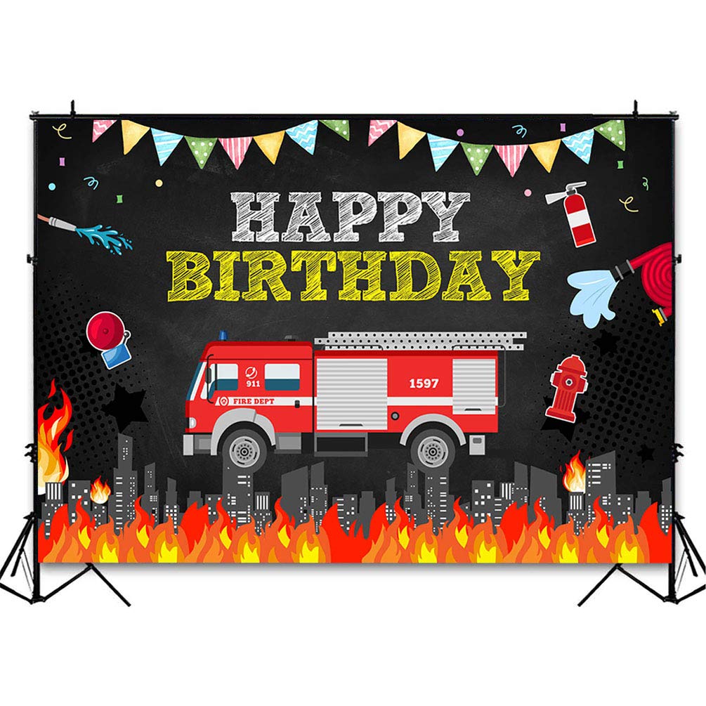Avezano Fire Truck Firefighter Birthday Backdrop - 5x3ft Vinyl Banner For Boys Party Decor, Photo Booth Background
